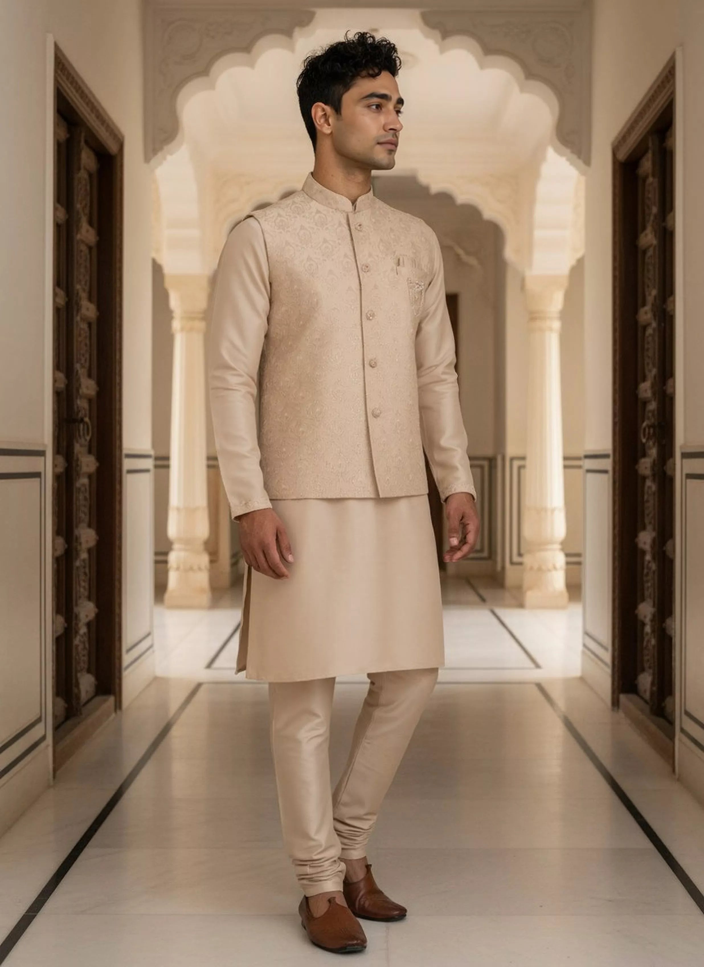 Image of Gold Floral Thread Embroidery work Milky Silk Kurta Jacket Set