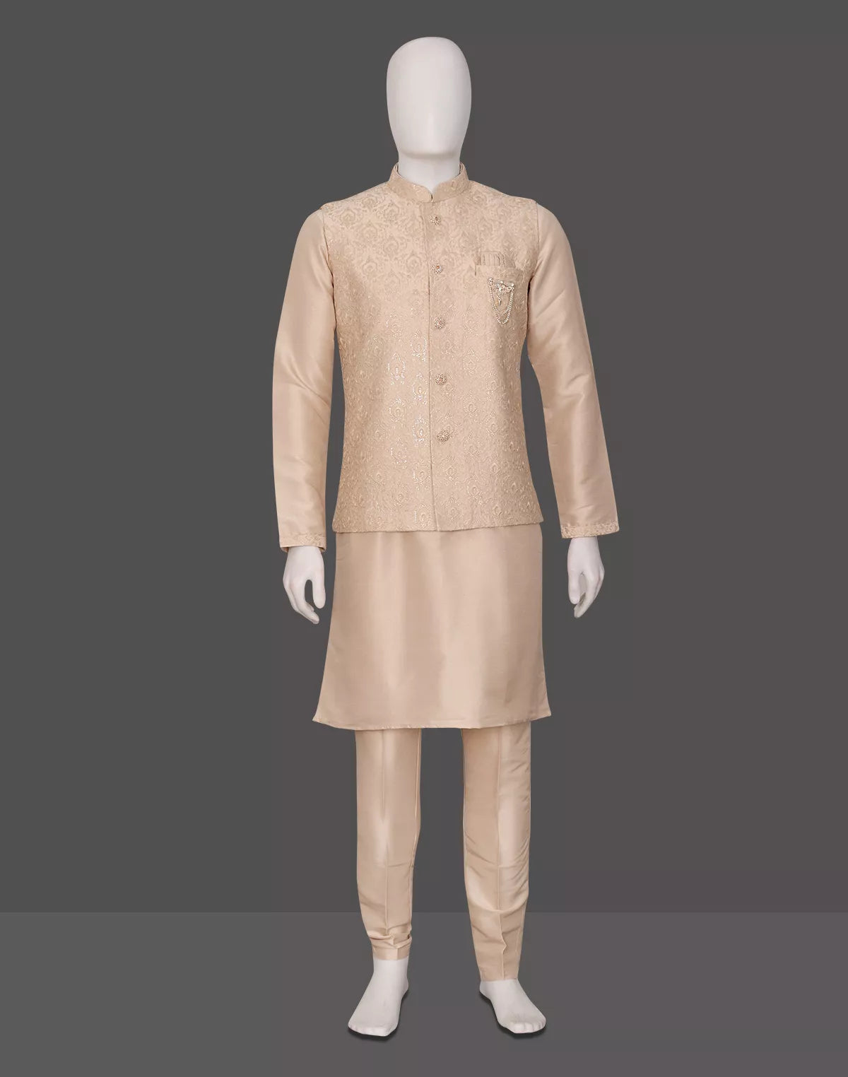 Gold Floral Thread Embroidery work Milky Silk Kurta Jacket Set