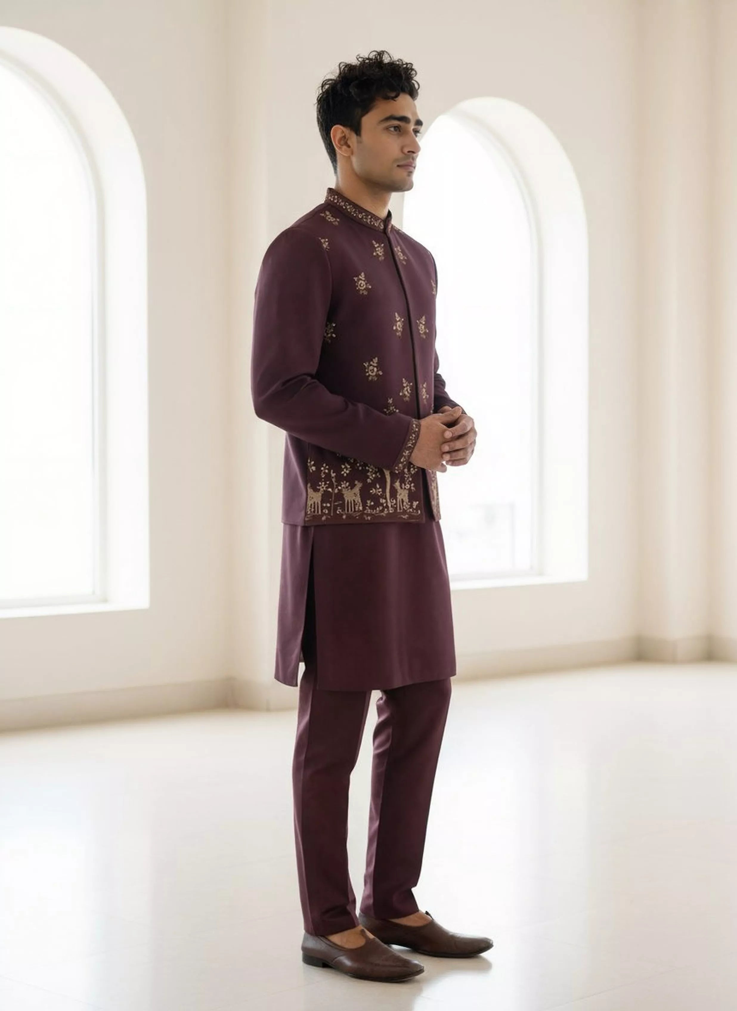 Purple Floral Bunches Embroidery work Satin Kurta Jacket Set