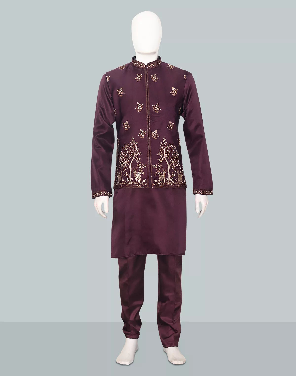 Image of Purple Floral Bunches Embroidery work Satin Kurta Jacket Set