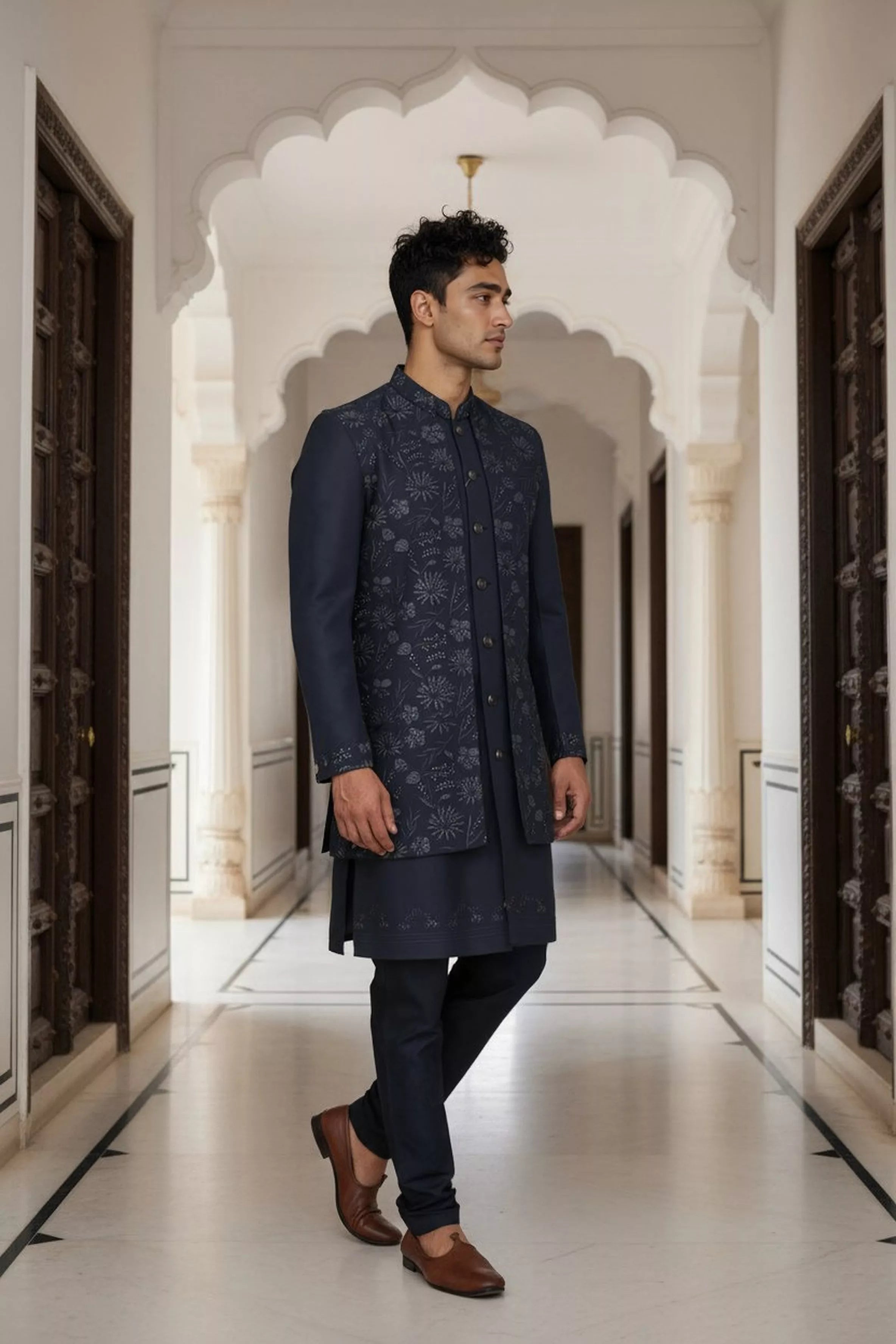 Embellished with Thread work Raw Silk Navy Blue Kurta Jacket