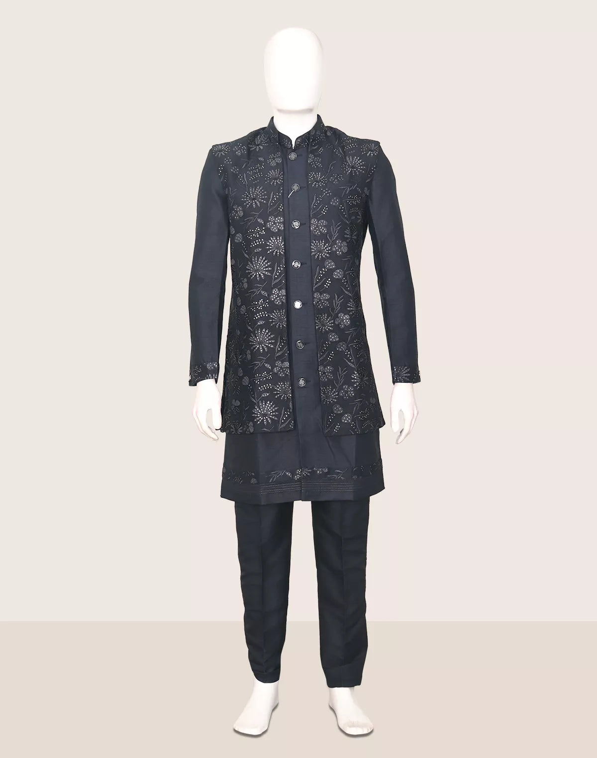 Image of Embellished with Thread work Raw Silk Navy Blue Kurta Jacket