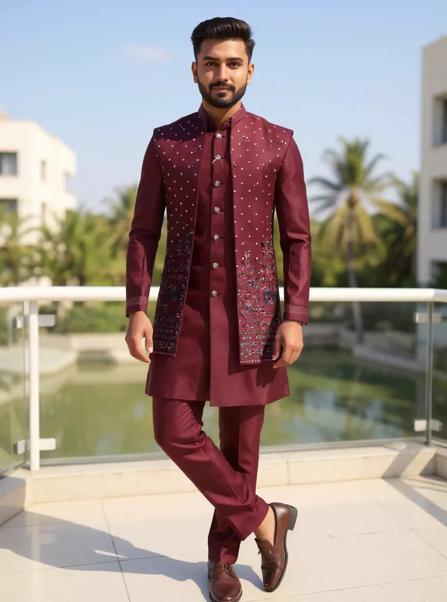 Wine Self Stripes Patterned Raw Silk Thread work Kurta Jacket Set