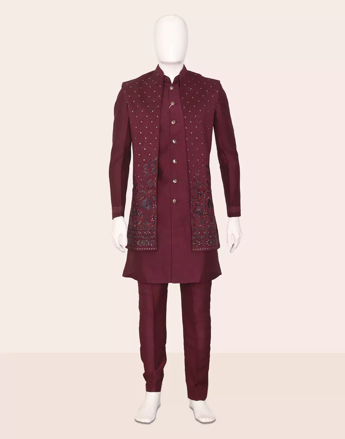 Wine Self Stripes Patterned Raw Silk Thread work Kurta Jacket Set