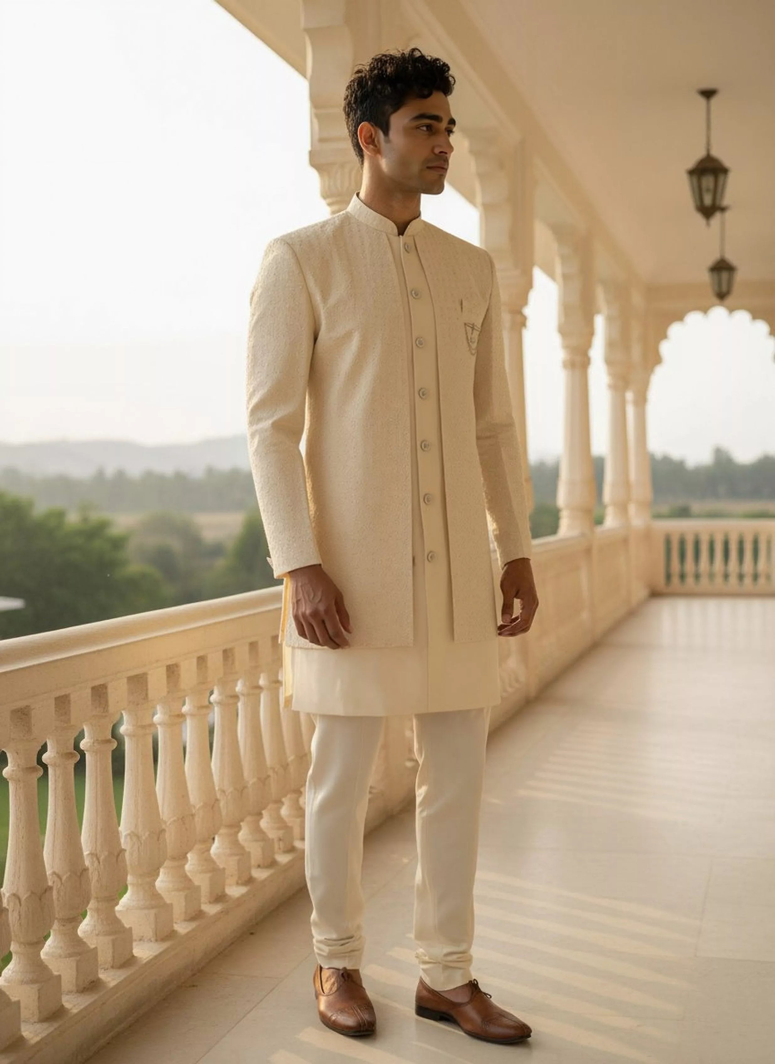 Cream Thread work Floral Georgette Kurta Jacket Set