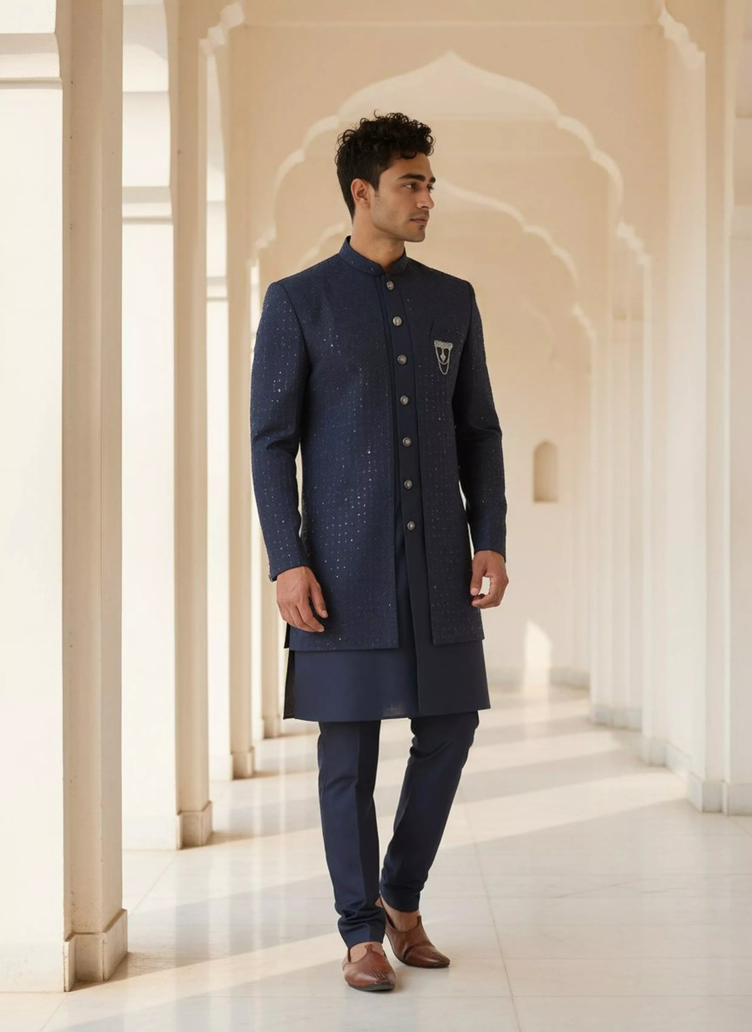 Thread work Floral Georgette Navy Kurta Jacket Set