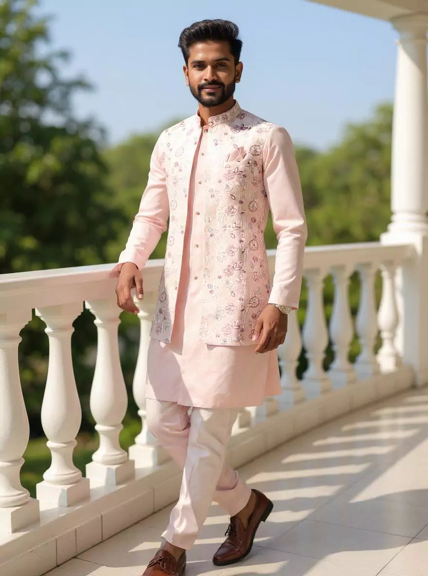 Image of Peach Cotton Silk Kurta with Thread Embroidery Jacket