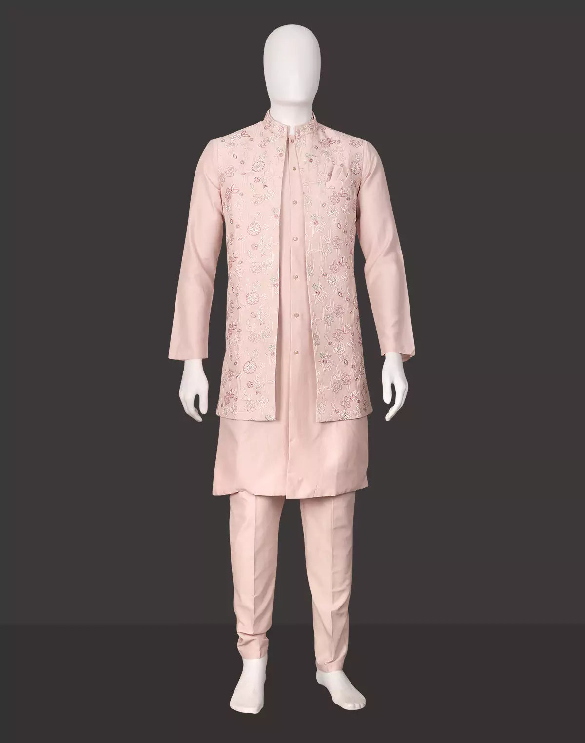 Image of Peach Cotton Silk Kurta with Thread Embroidery Jacket