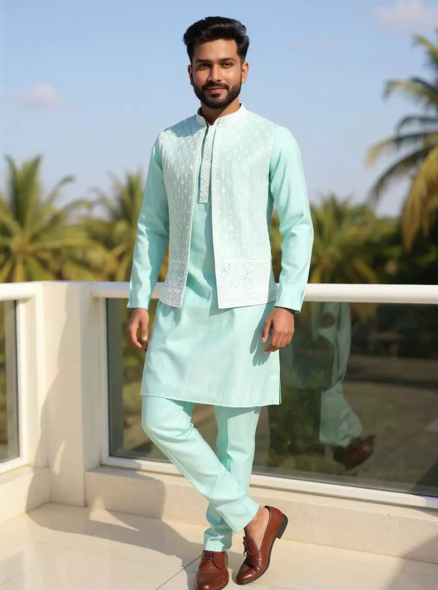 Image of Cotton Silk Kurta Trouser Set with Thread Embroidered Open Jacket Set