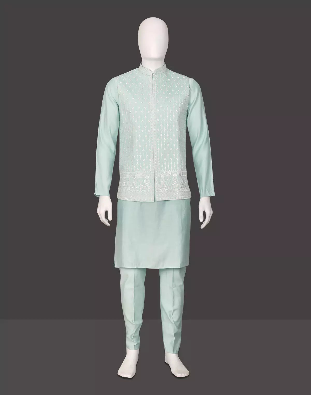 Image of Cotton Silk Kurta Trouser Set with Thread Embroidered Open Jacket Set