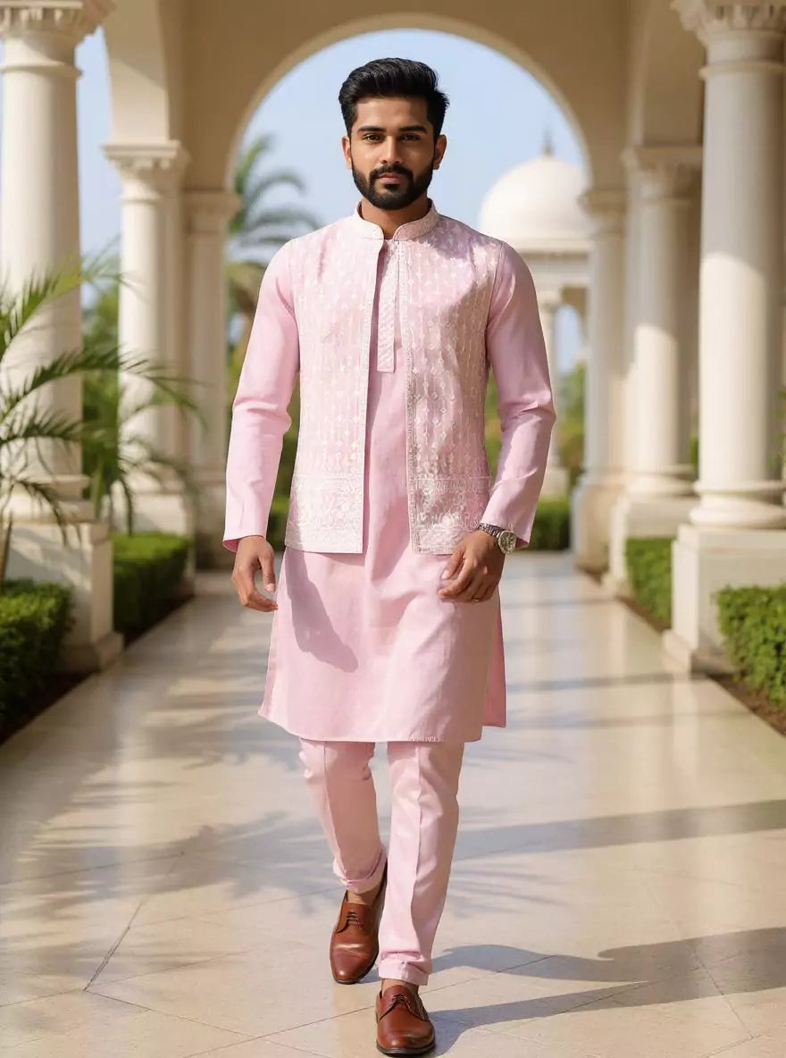 Image of Cotton Silk Kurta Trouser Set with Thread Embroidered Open Jacket Set