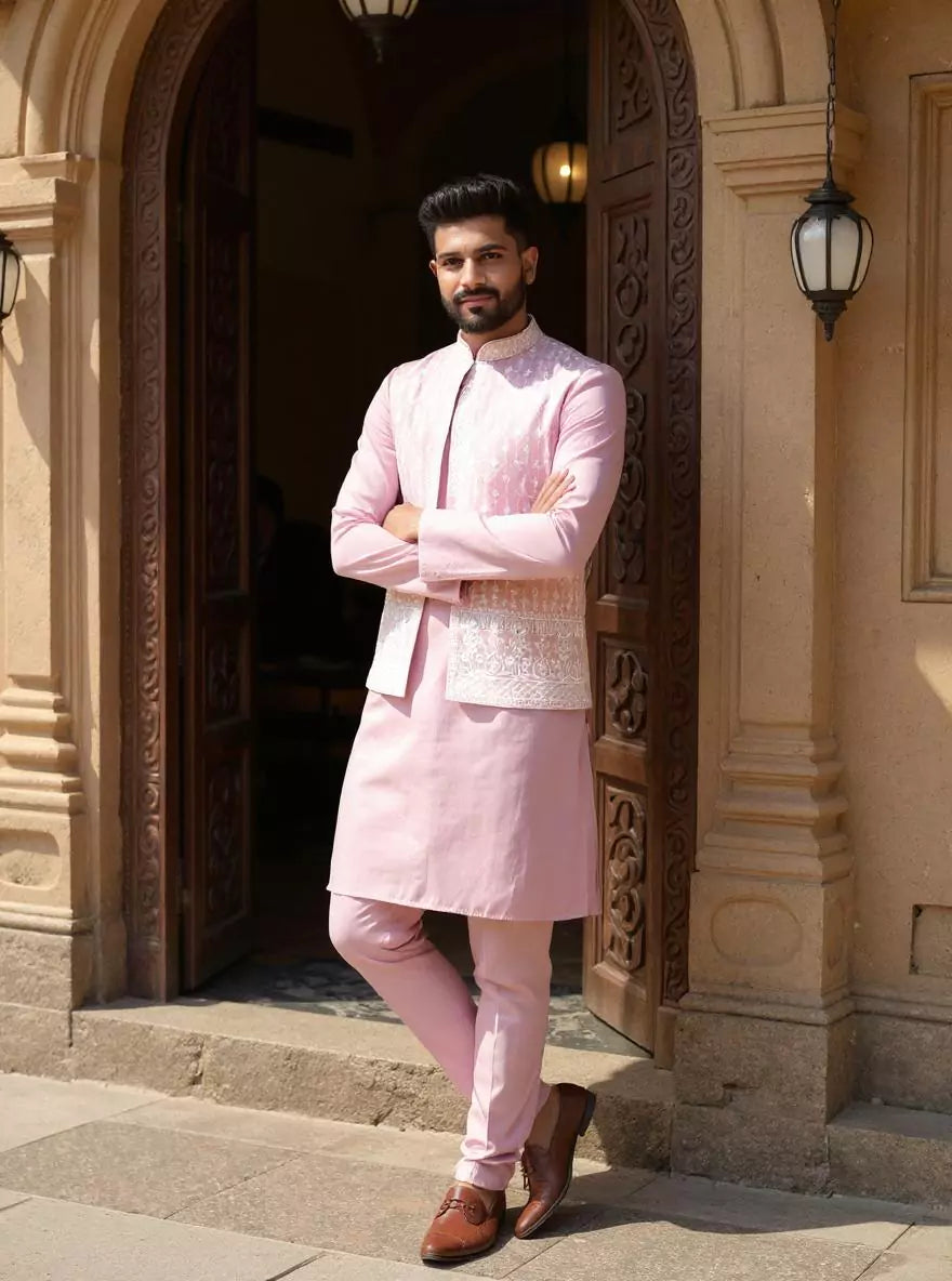 Image of Cotton Silk Kurta Trouser Set with Thread Embroidered Open Jacket Set