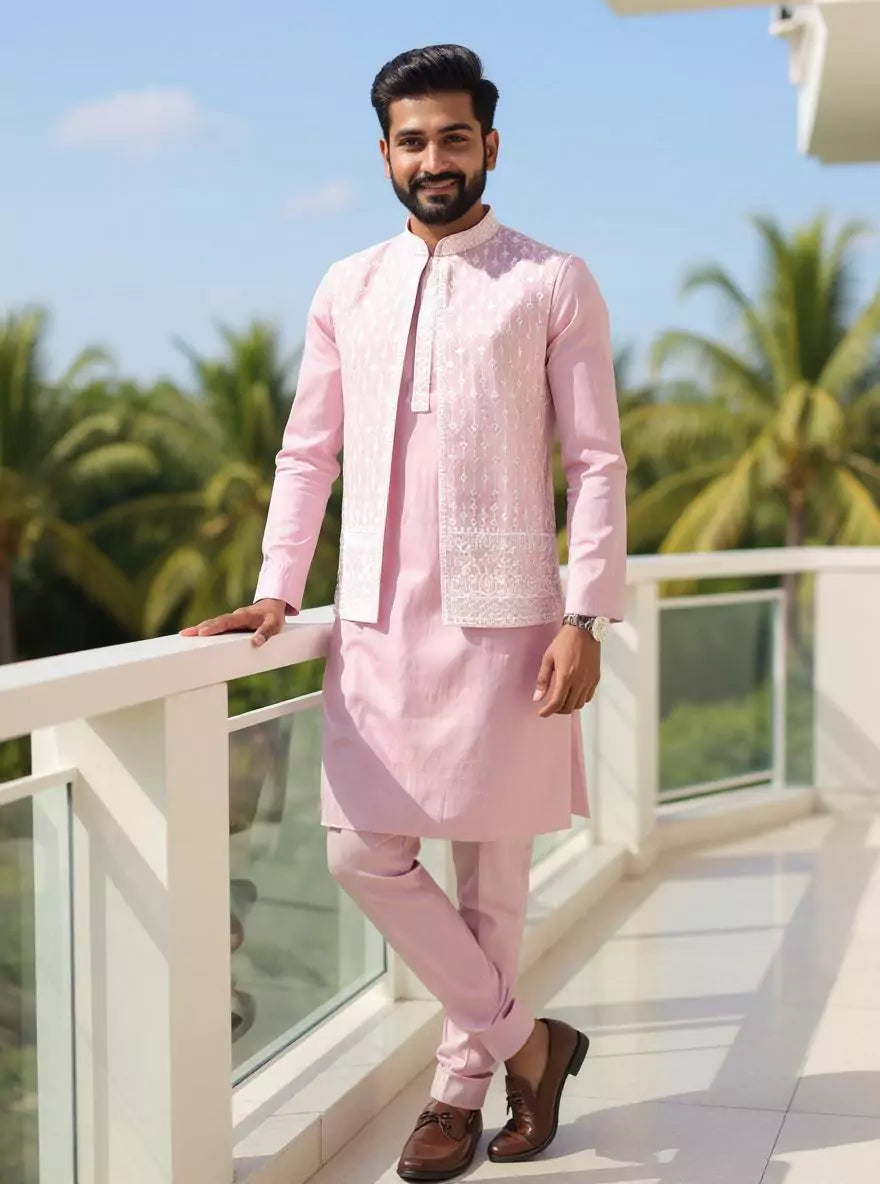Image of Cotton Silk Kurta Trouser Set with Thread Embroidered Open Jacket Set