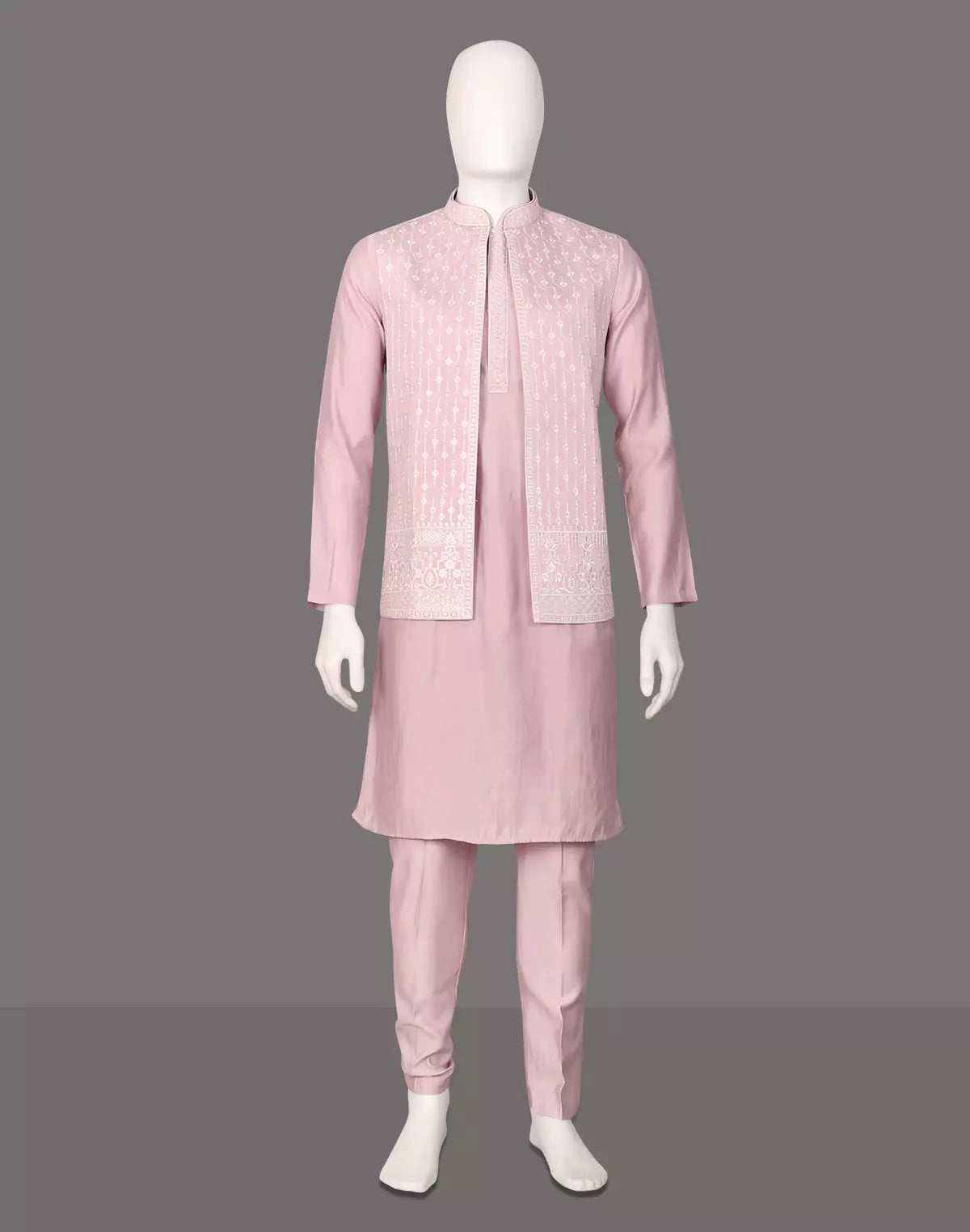 Image of Cotton Silk Kurta Trouser Set with Thread Embroidered Open Jacket Set