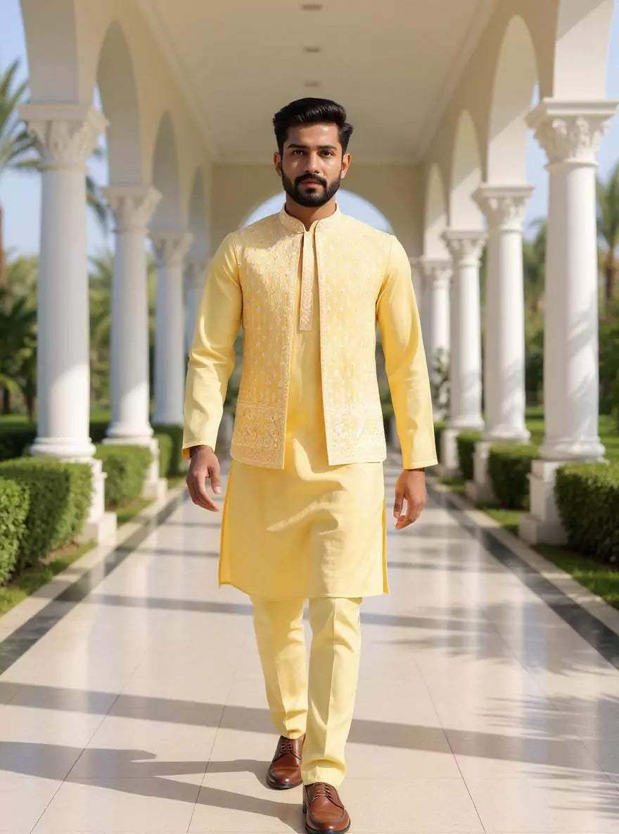 Image of Cotton Silk Kurta Trouser Set with Thread Embroidered Open Jacket Set