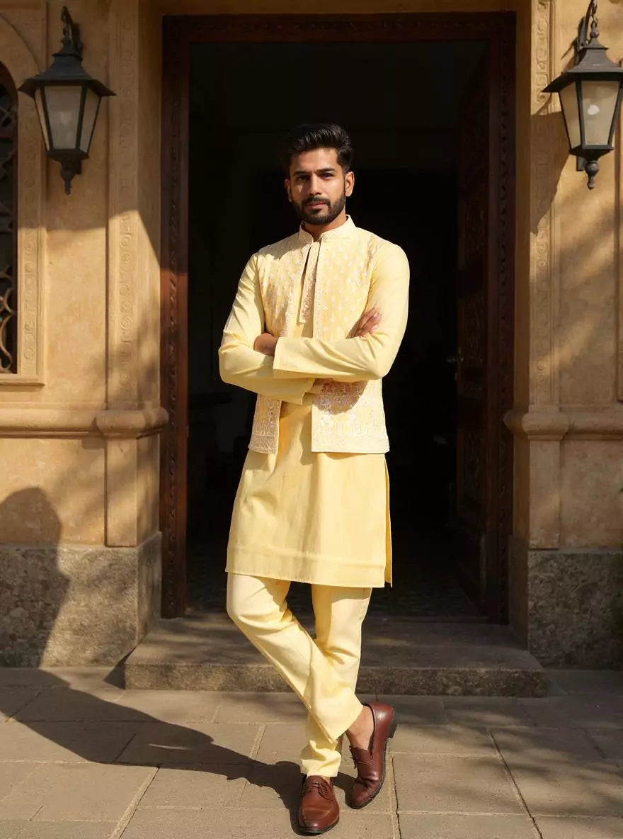 Image of Cotton Silk Kurta Trouser Set with Thread Embroidered Open Jacket Set