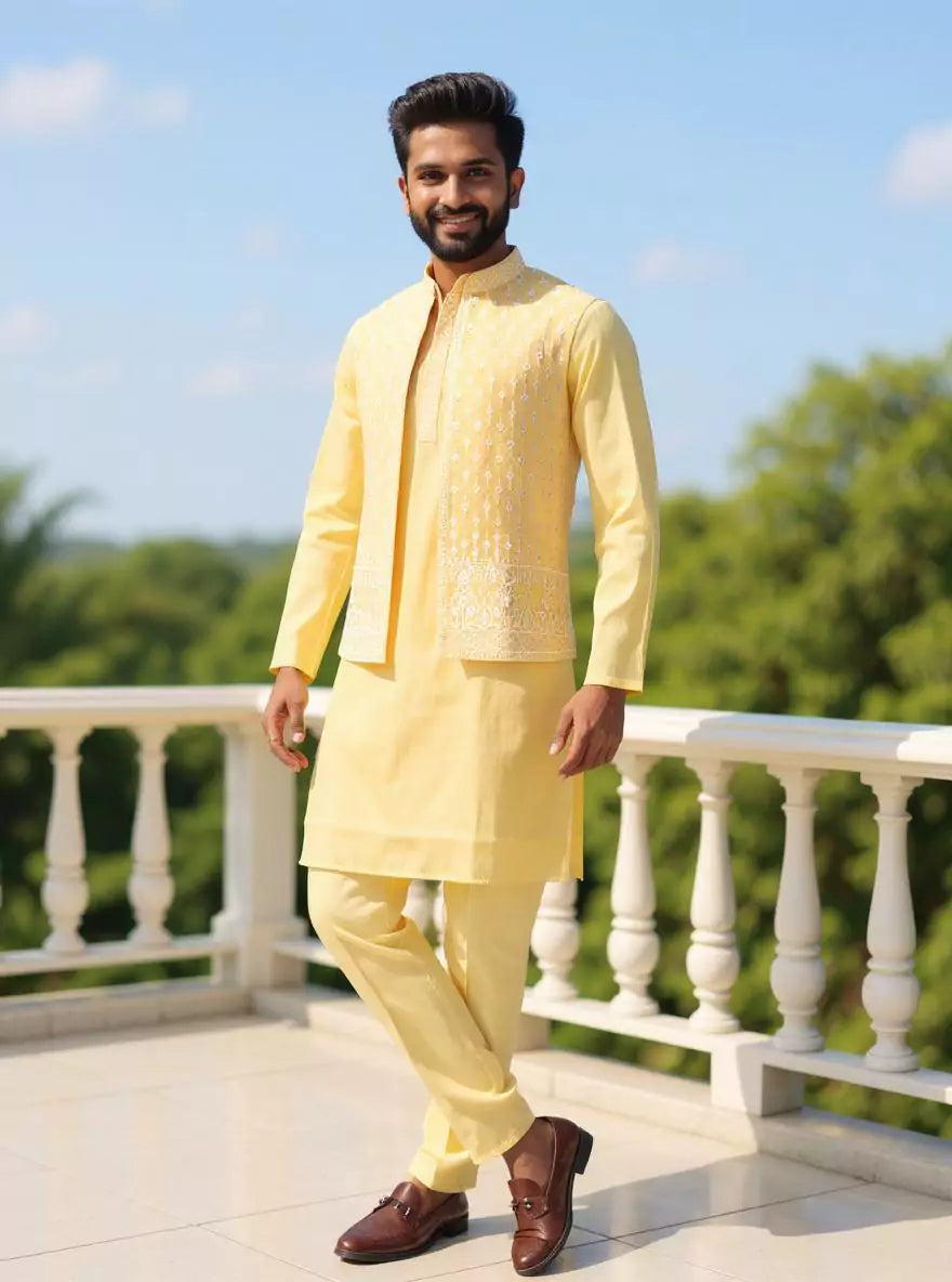 Image of Cotton Silk Kurta Trouser Set with Thread Embroidered Open Jacket Set