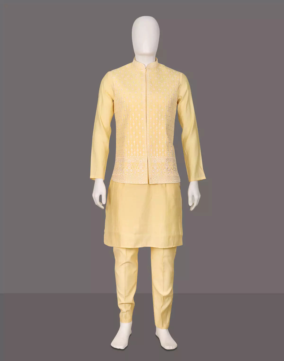 Image of Cotton Silk Kurta Trouser Set with Thread Embroidered Open Jacket Set