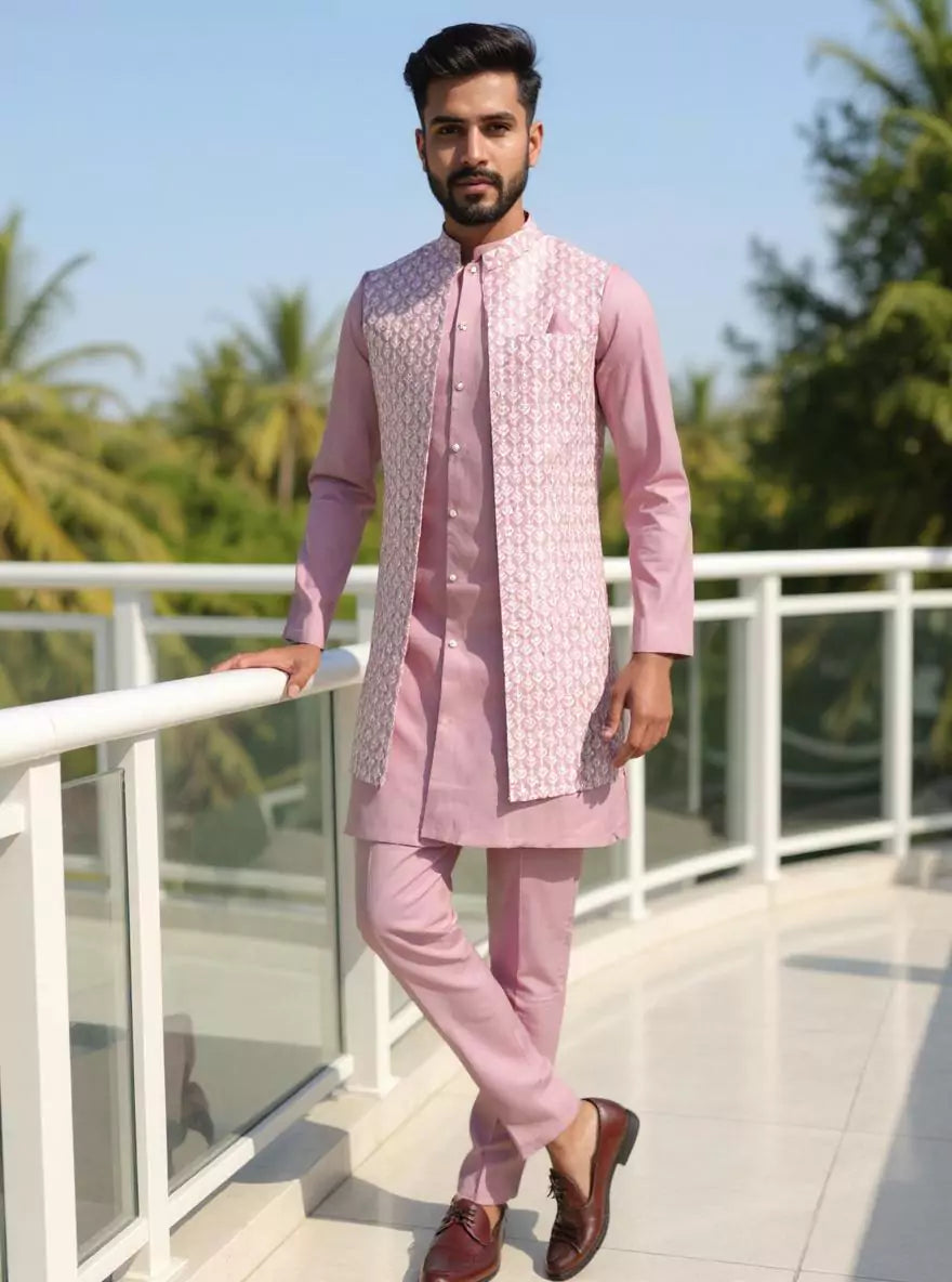 Image of Onion Floral Cotton Silk Kurta with Thread work Jacket Set