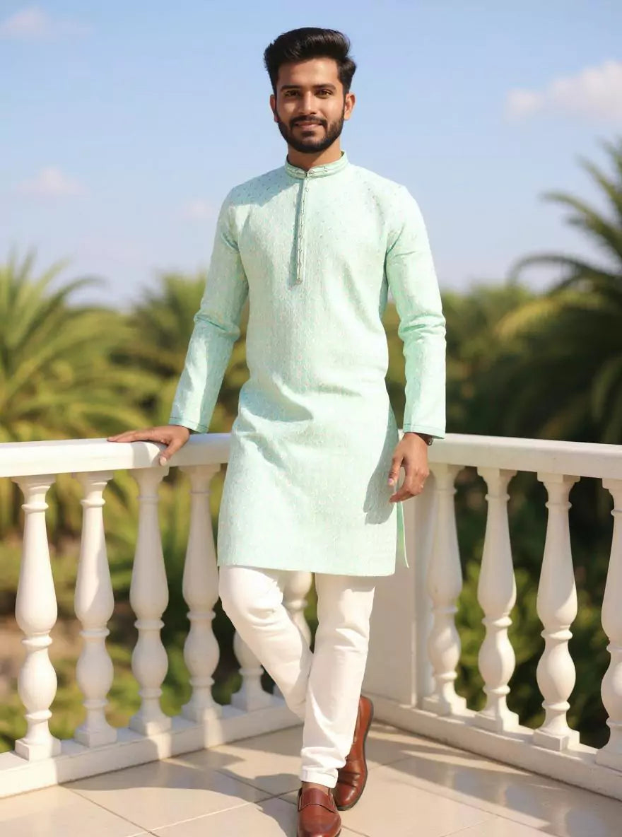 Image of Sea Green Thread work Cotton Silk Kurta Pyjama Set