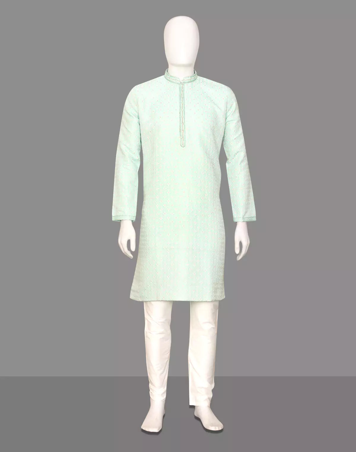 Image of Sea Green Thread work Cotton Silk Kurta Pyjama Set