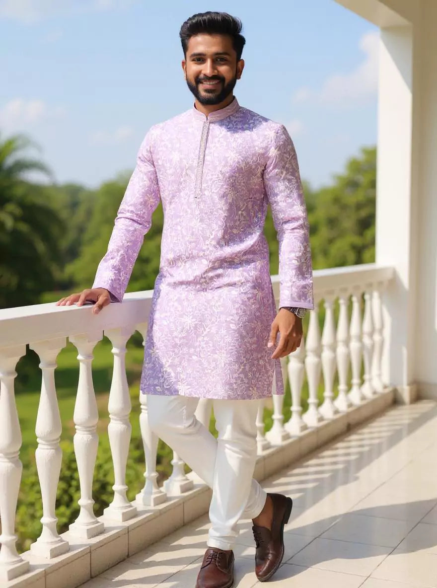 Image of Floral Thread Embroidered work Georgette Kurta with Pajama