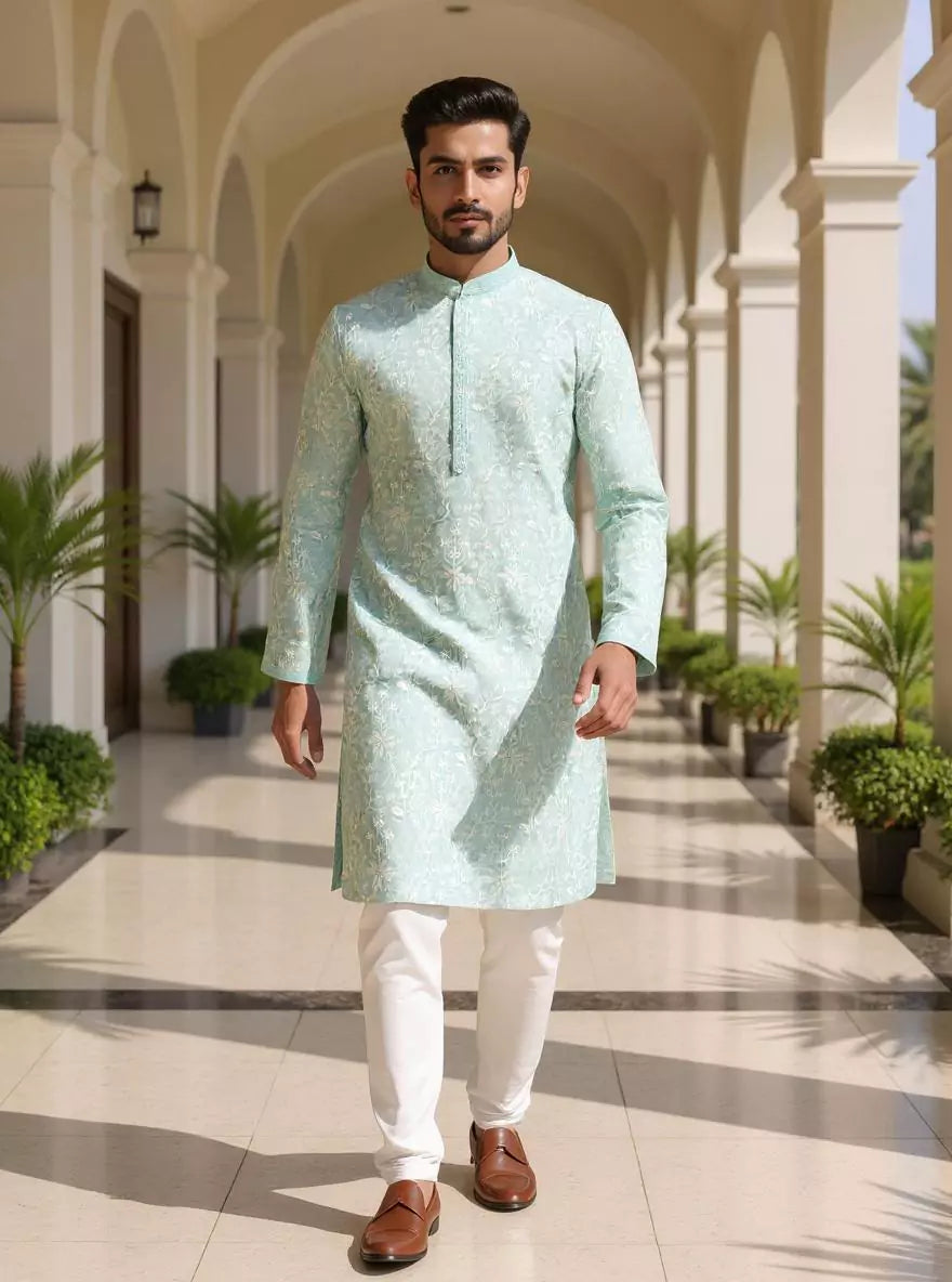 Image of Floral Thread Embroidered work Georgette Kurta with Pajama