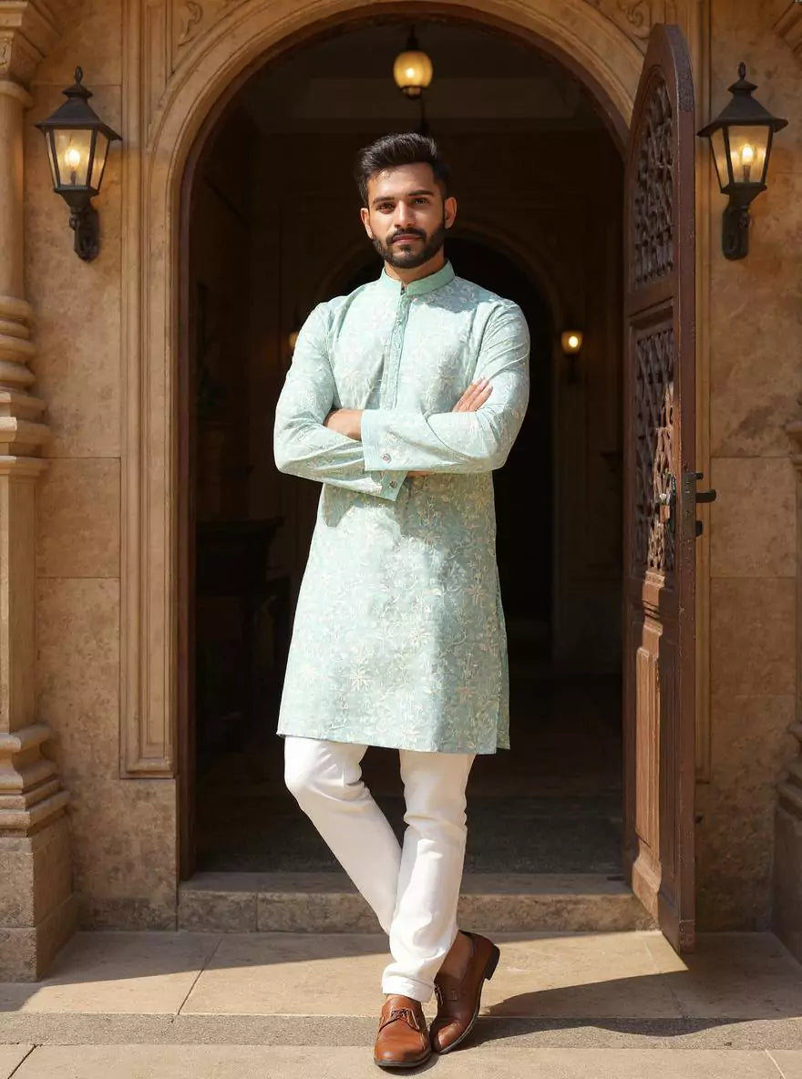 Image of Floral Thread Embroidered work Georgette Kurta with Pajama