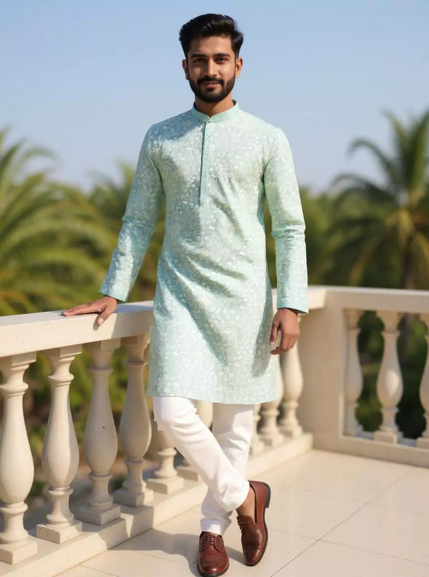 Image of Floral Thread Embroidered work Georgette Kurta with Pajama