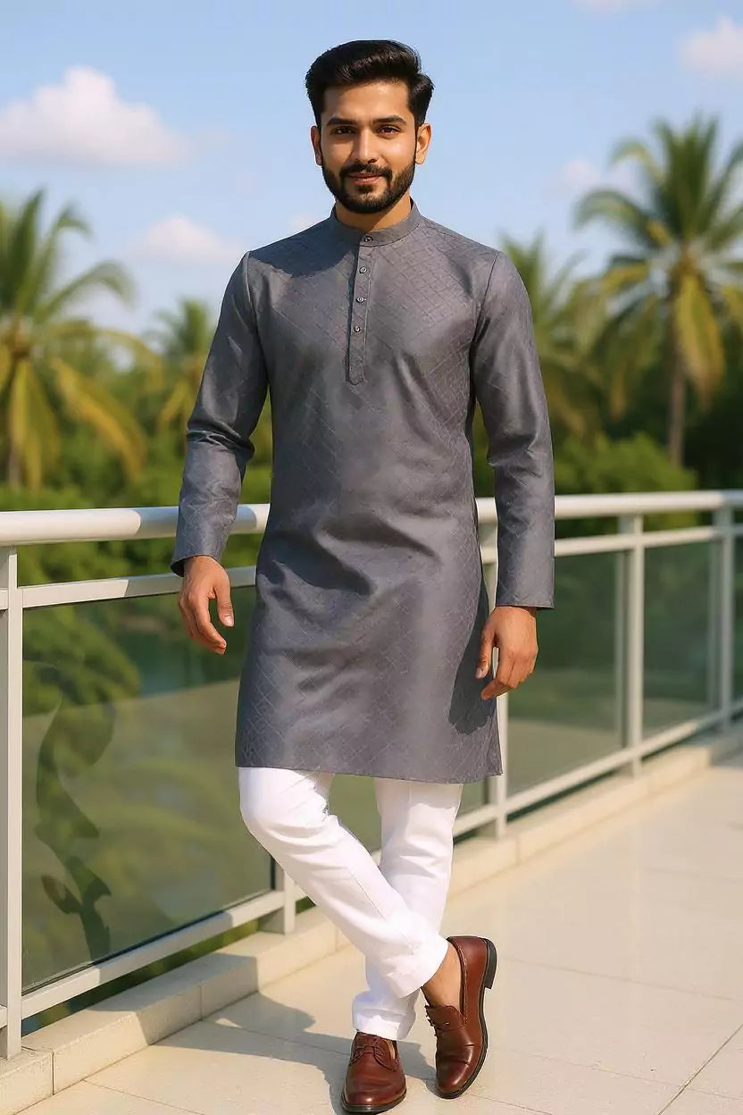 Self Weaving Design Cotton Kurta Pyjama Set