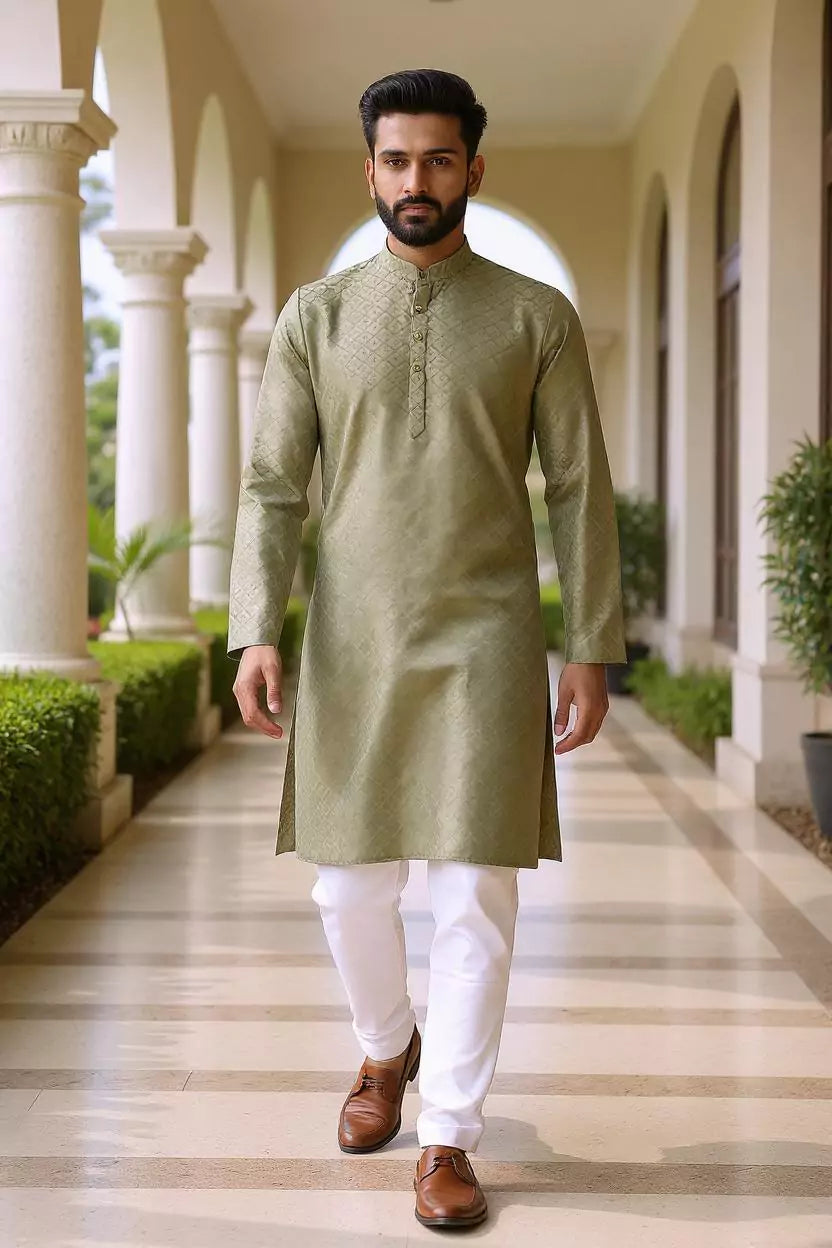 Image of Self Weaving Design Cotton Kurta Pyjama Set