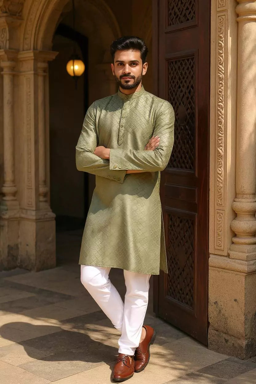 Self Weaving Design Cotton Kurta Pyjama Set