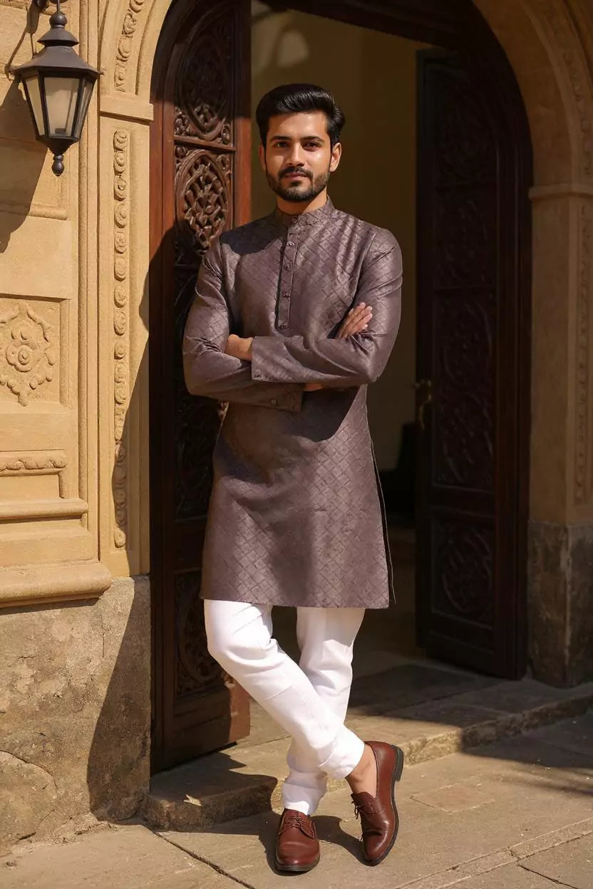 Image of Self Weaving Design Cotton Kurta Pyjama Set