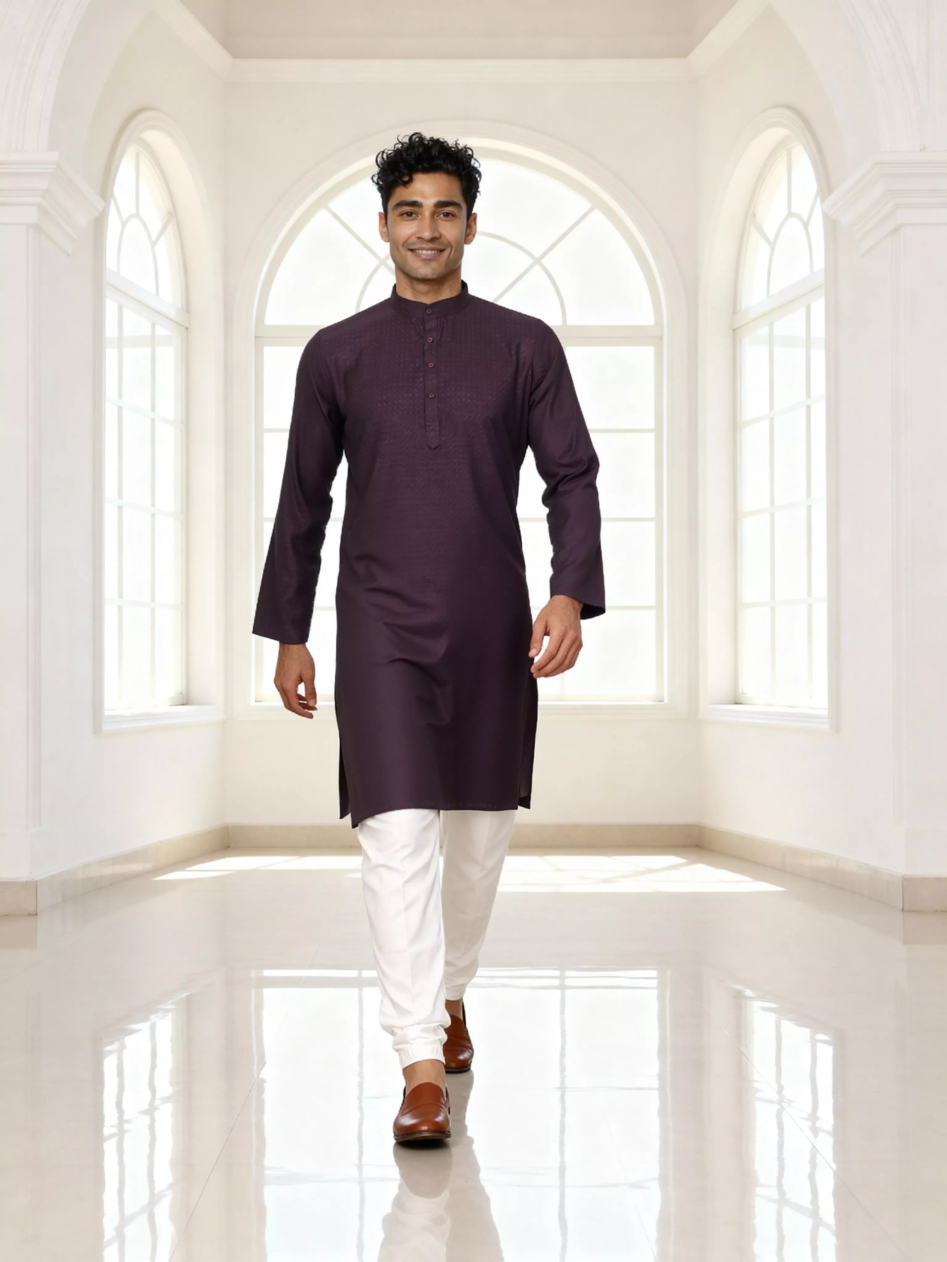 Image of Self Design Cotton Men's Kurta Pyjama Set