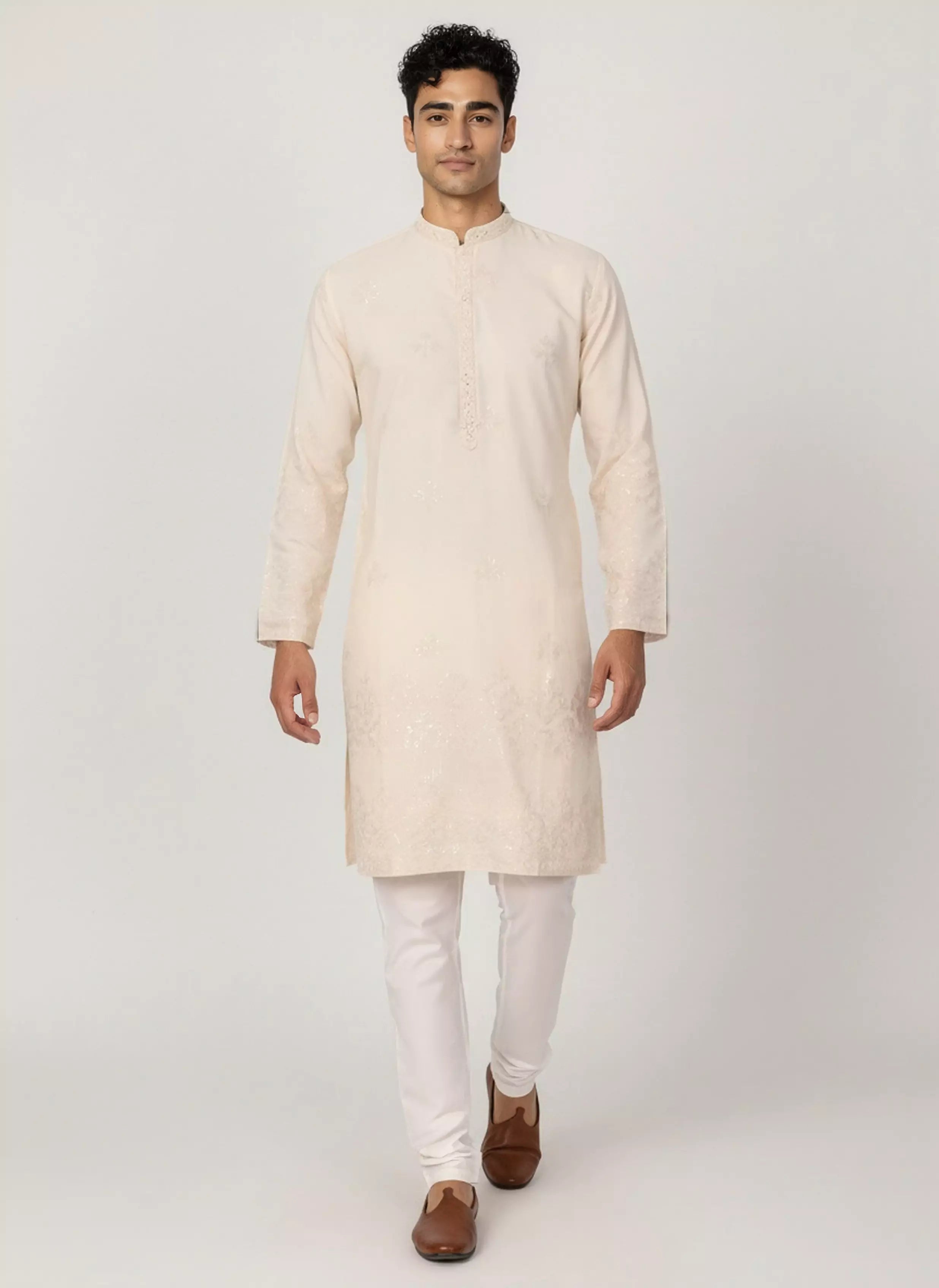 Image of Floral Sequence and Mirror work Milky Silk Kurta Pajamas