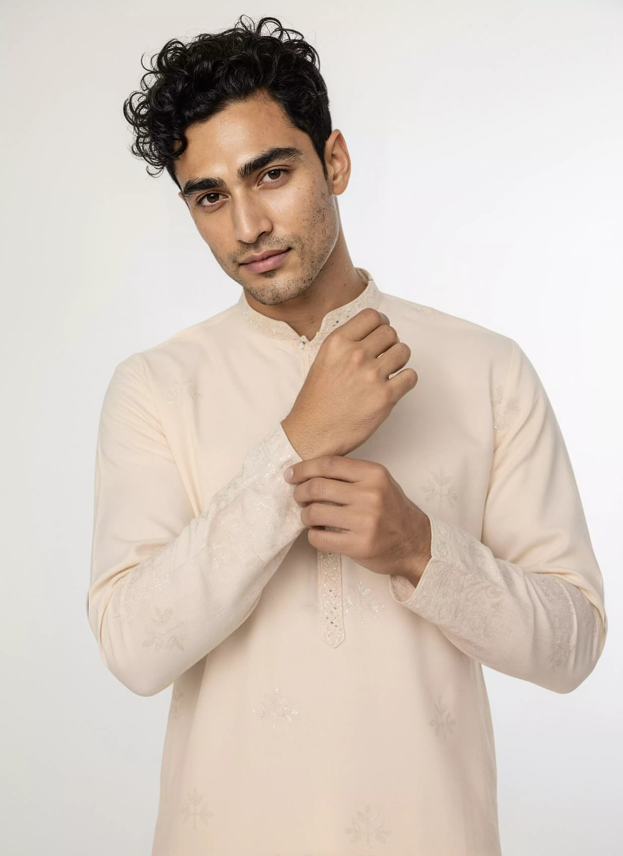 Image of Floral Sequence and Mirror work Milky Silk Kurta Pajamas