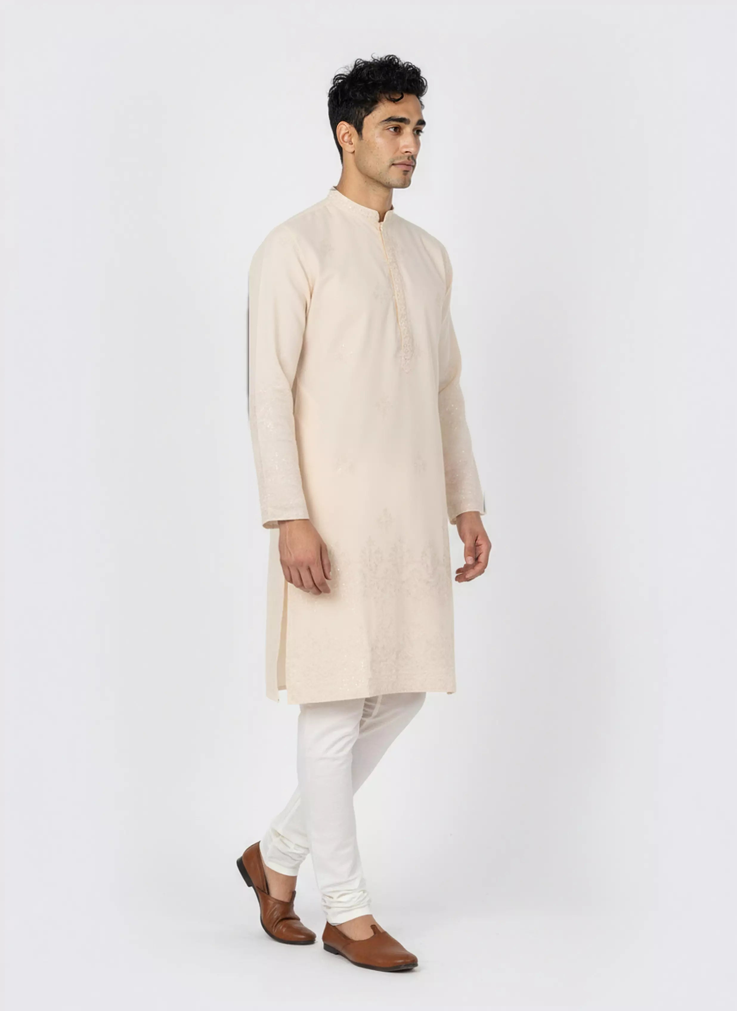 Image of Floral Sequence and Mirror work Milky Silk Kurta Pajamas