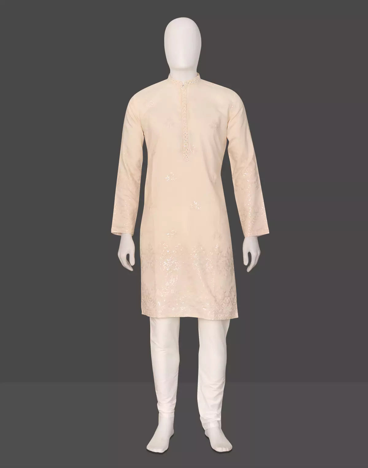 Image of Floral Sequence and Mirror work Milky Silk Kurta Pajamas