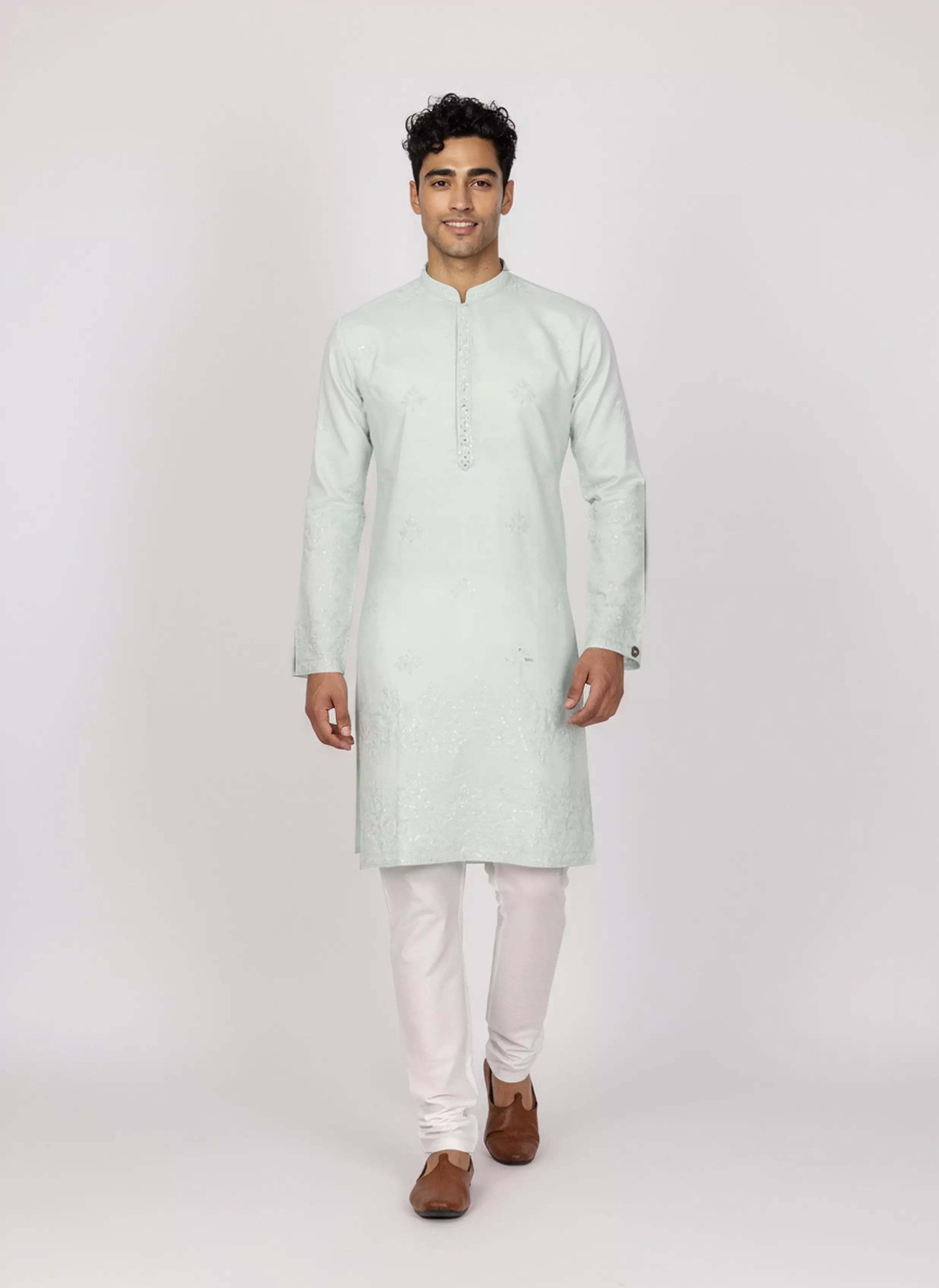 Image of Floral Sequence and Mirror work Milky Silk Kurta Pajamas