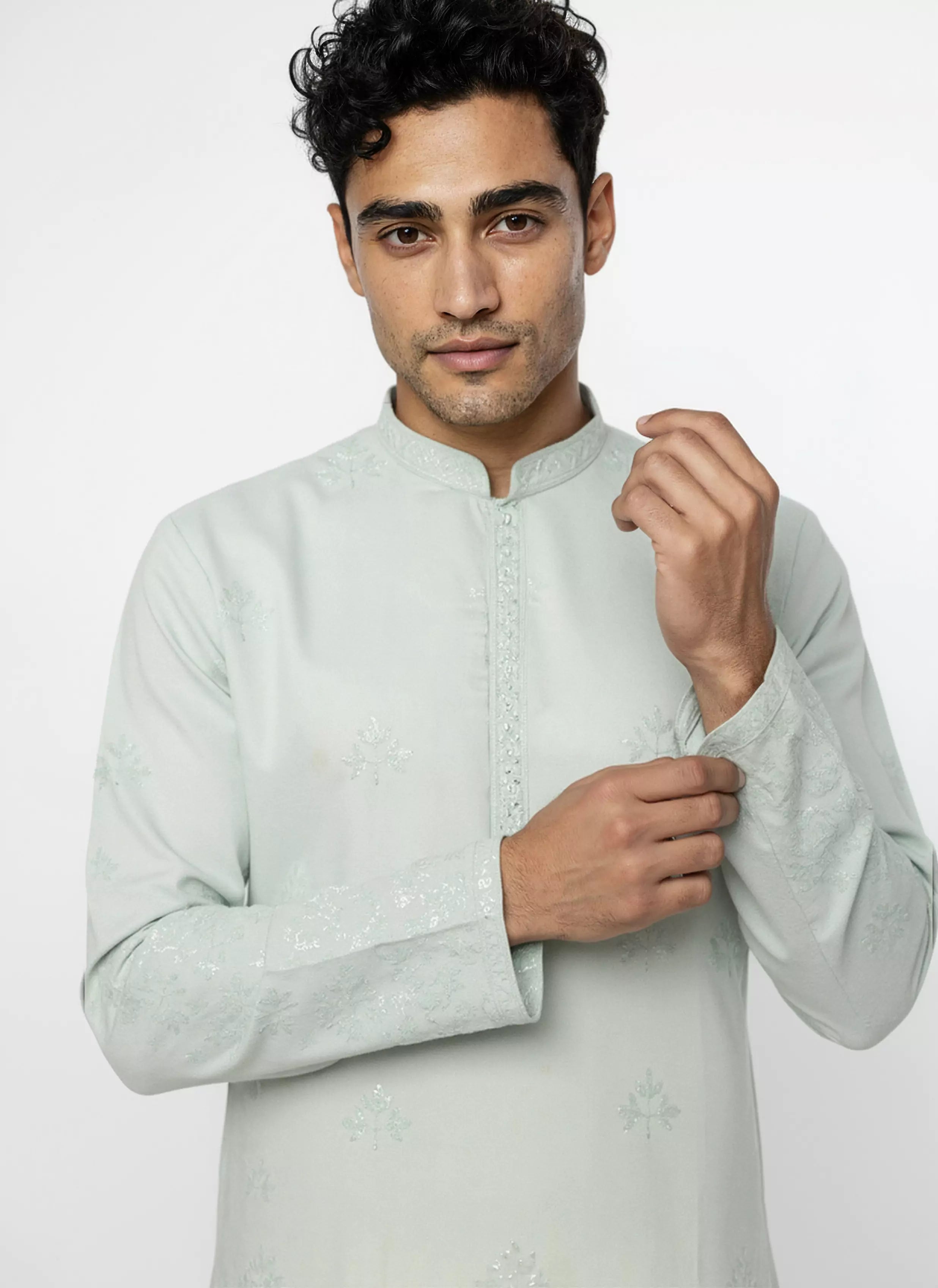 Floral Sequence and Mirror work Milky Silk Kurta Pajamas