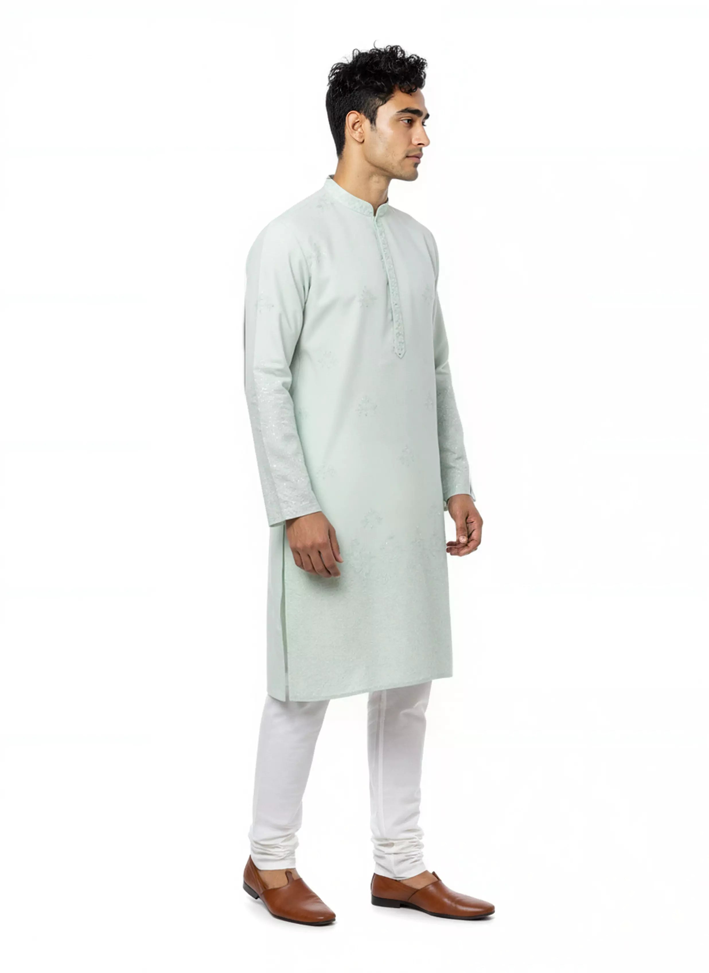 Image of Floral Sequence and Mirror work Milky Silk Kurta Pajamas