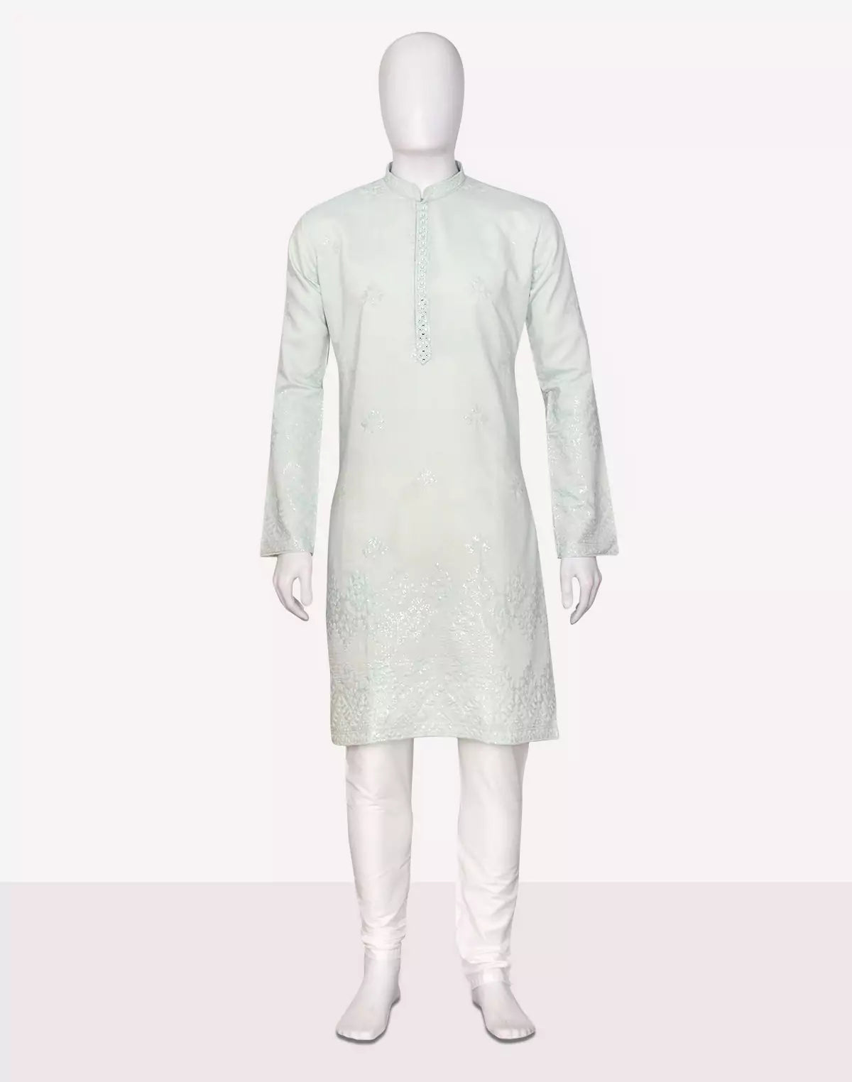 Image of Floral Sequence and Mirror work Milky Silk Kurta Pajamas