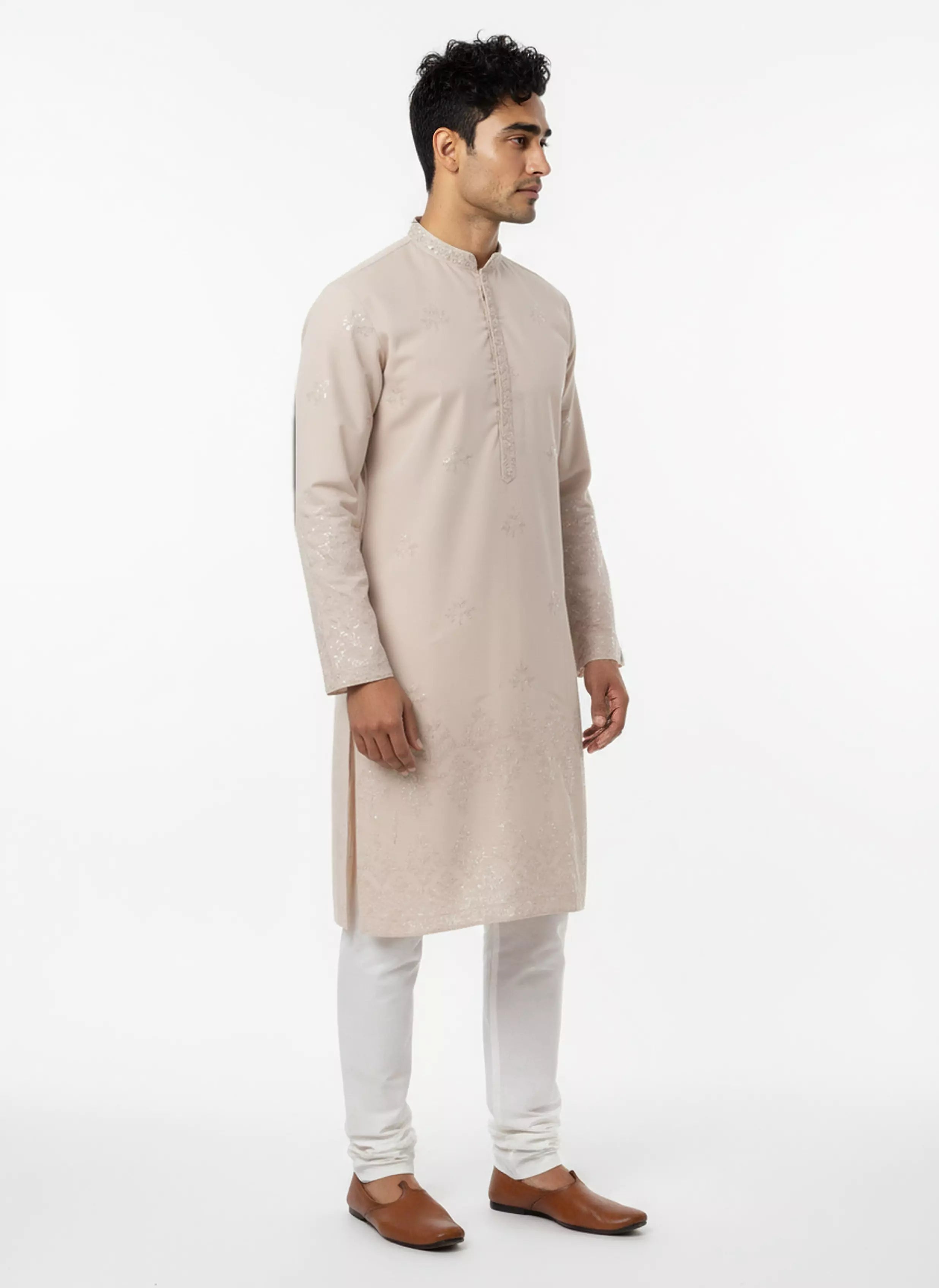 Image of Floral Sequence and Mirror work Milky Silk Kurta Pajamas