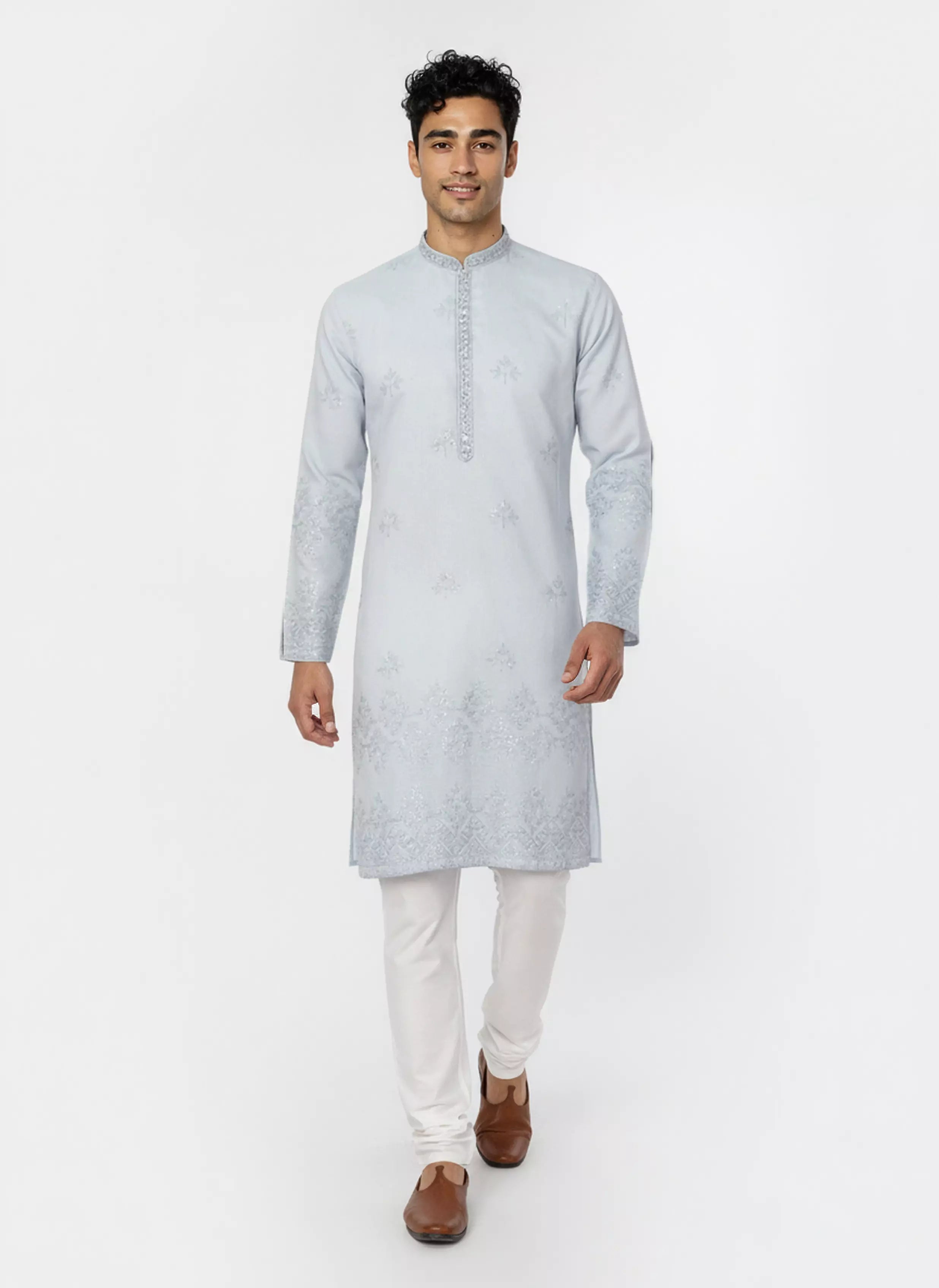 Image of Floral Sequence and Mirror work Milky Silk Kurta Pajamas