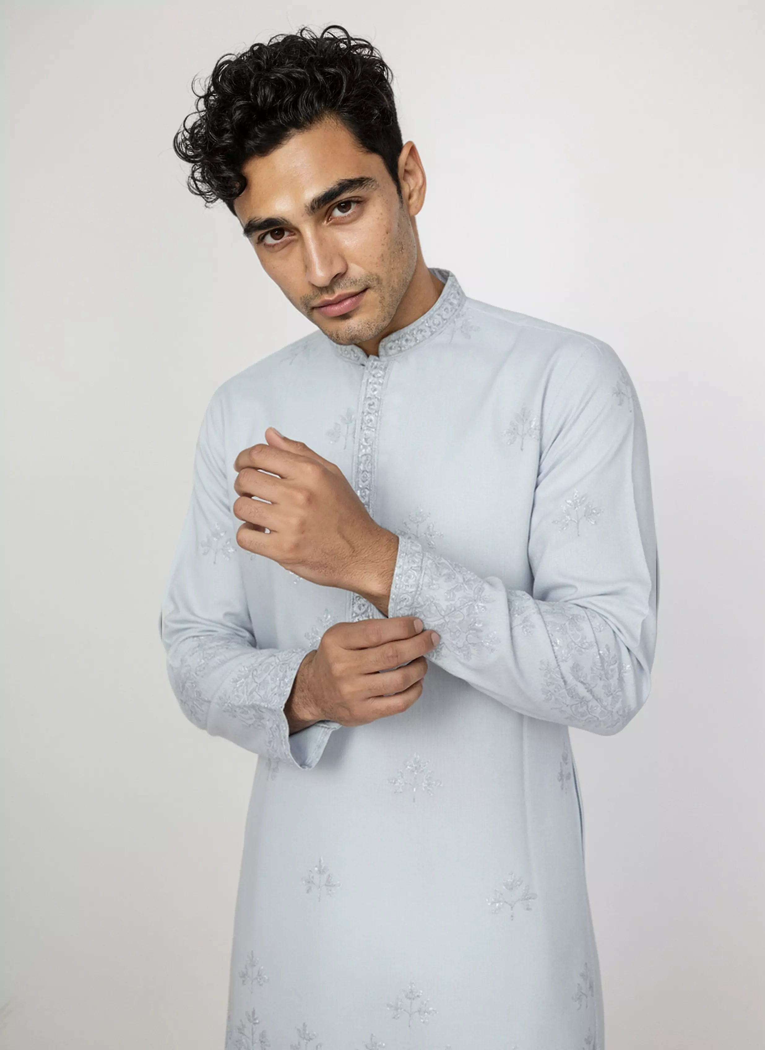 Image of Floral Sequence and Mirror work Milky Silk Kurta Pajamas