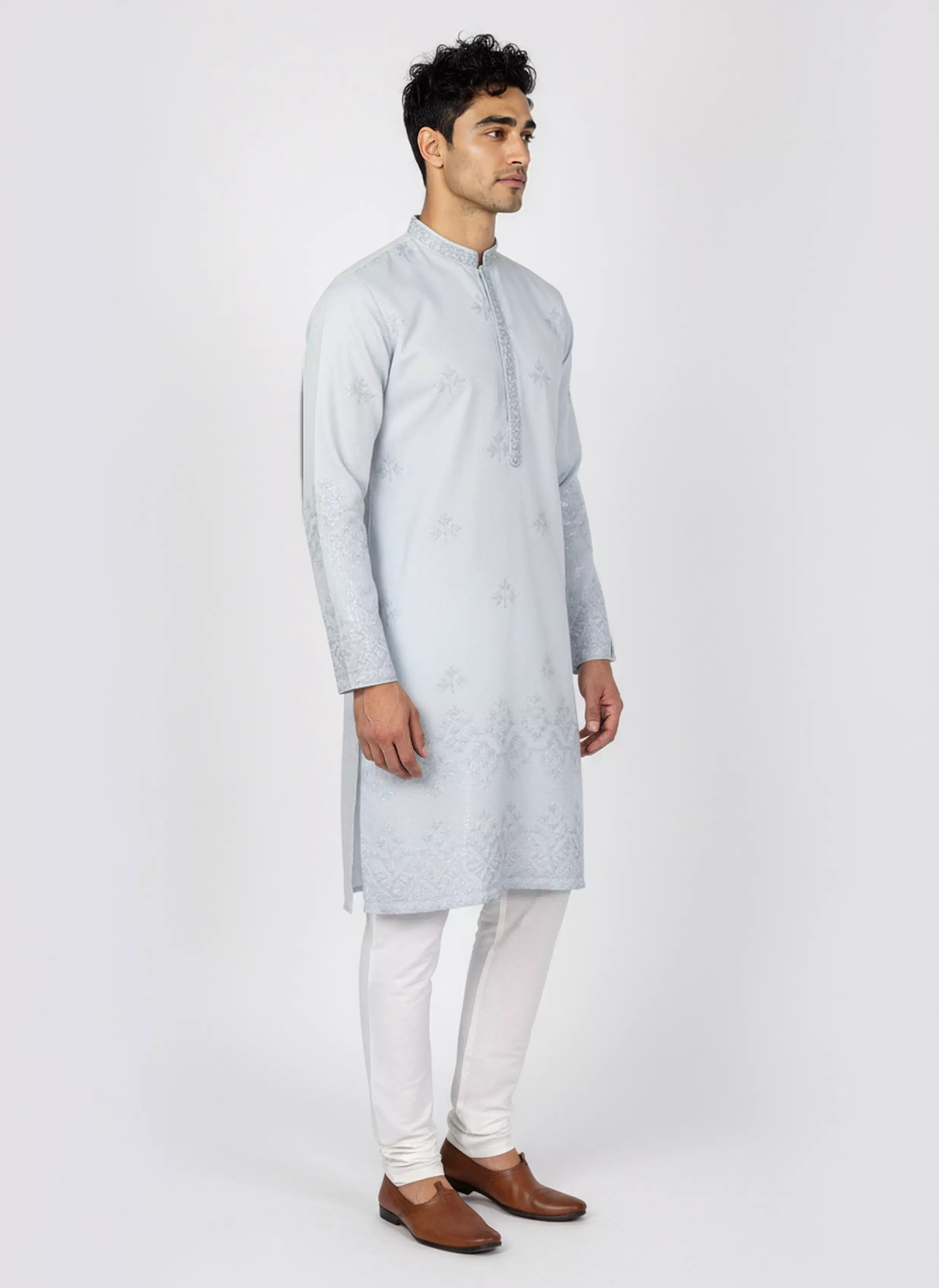 Image of Floral Sequence and Mirror work Milky Silk Kurta Pajamas