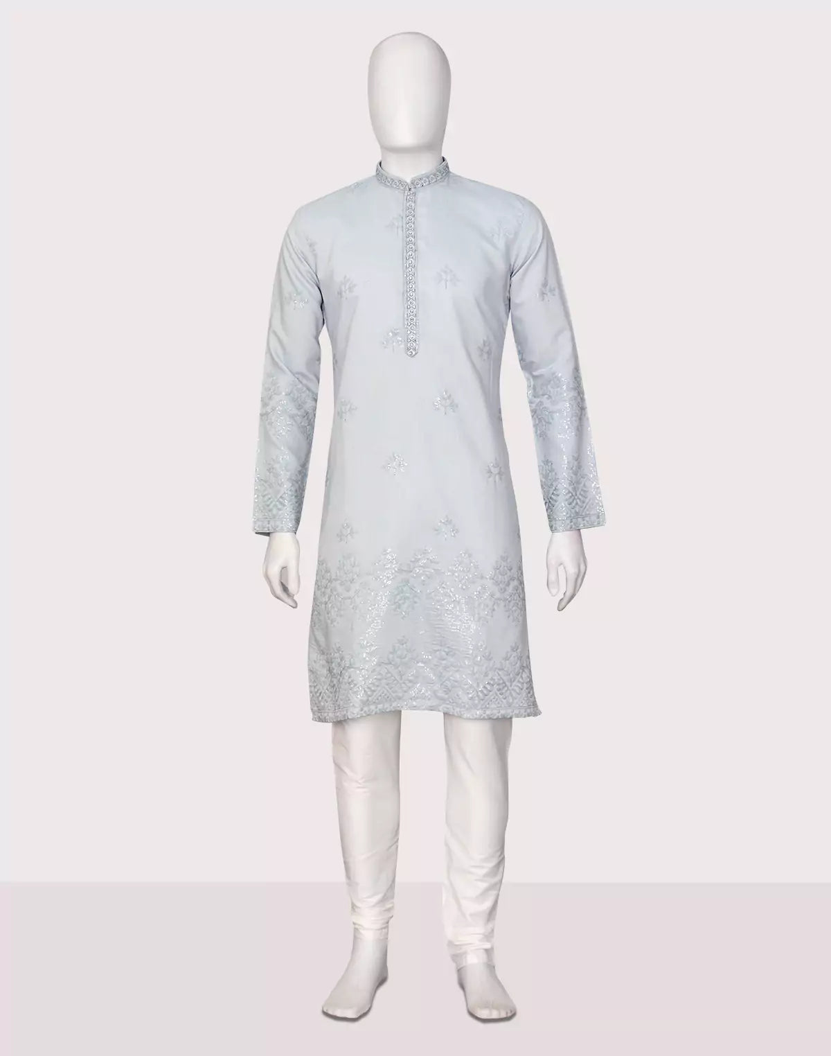Image of Floral Sequence and Mirror work Milky Silk Kurta Pajamas