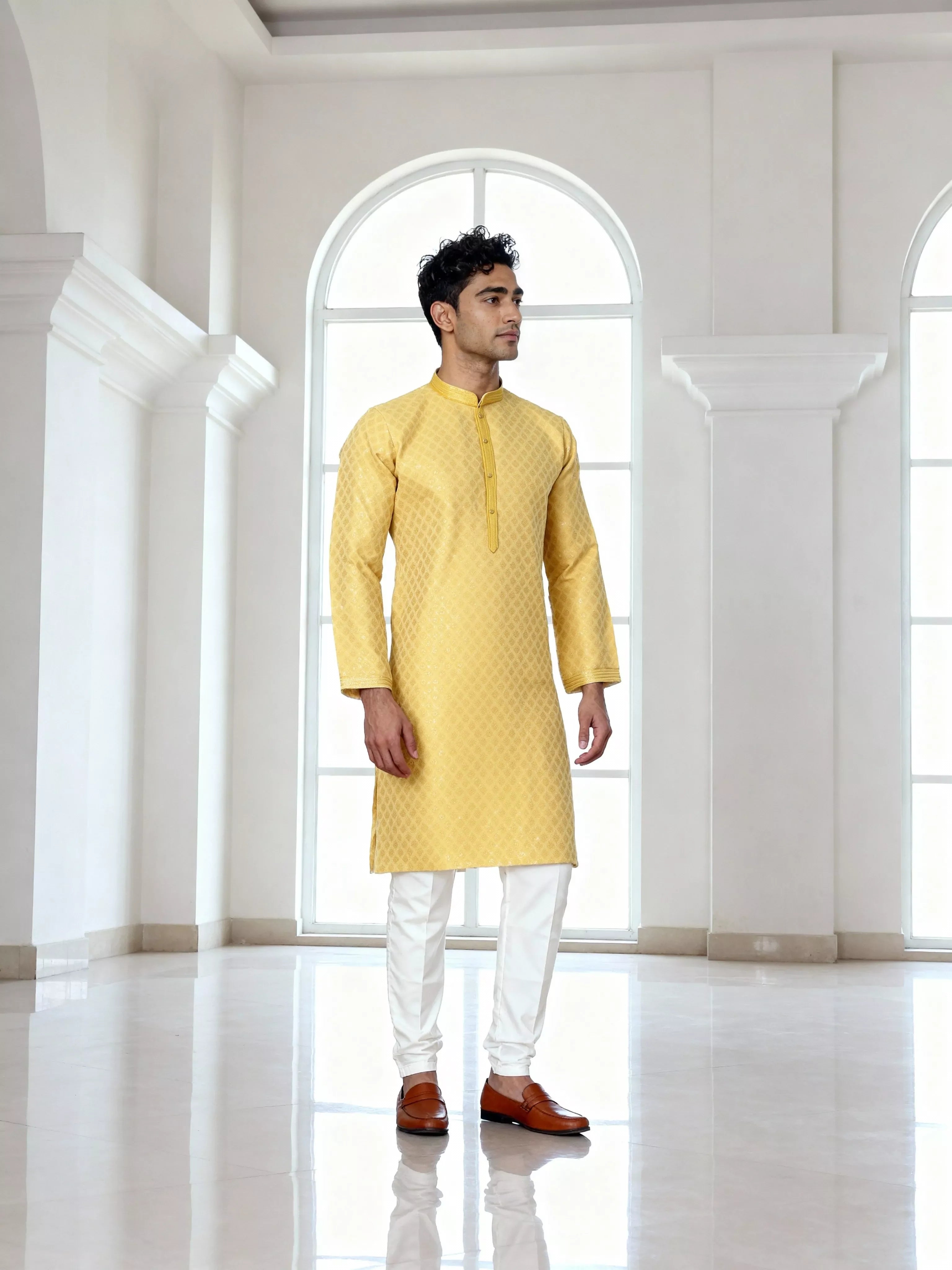 Bright Yellow Trellis Patterned Jacquard Kurta Pyjama