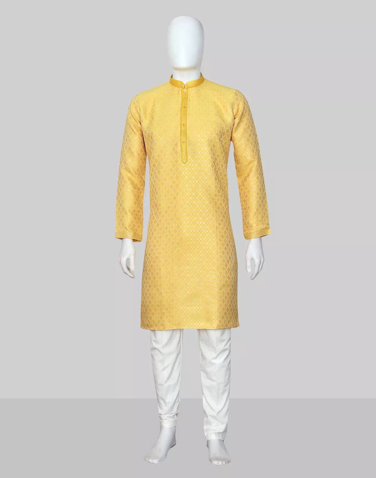 Bright Yellow Trellis Patterned Jacquard Kurta Pyjama