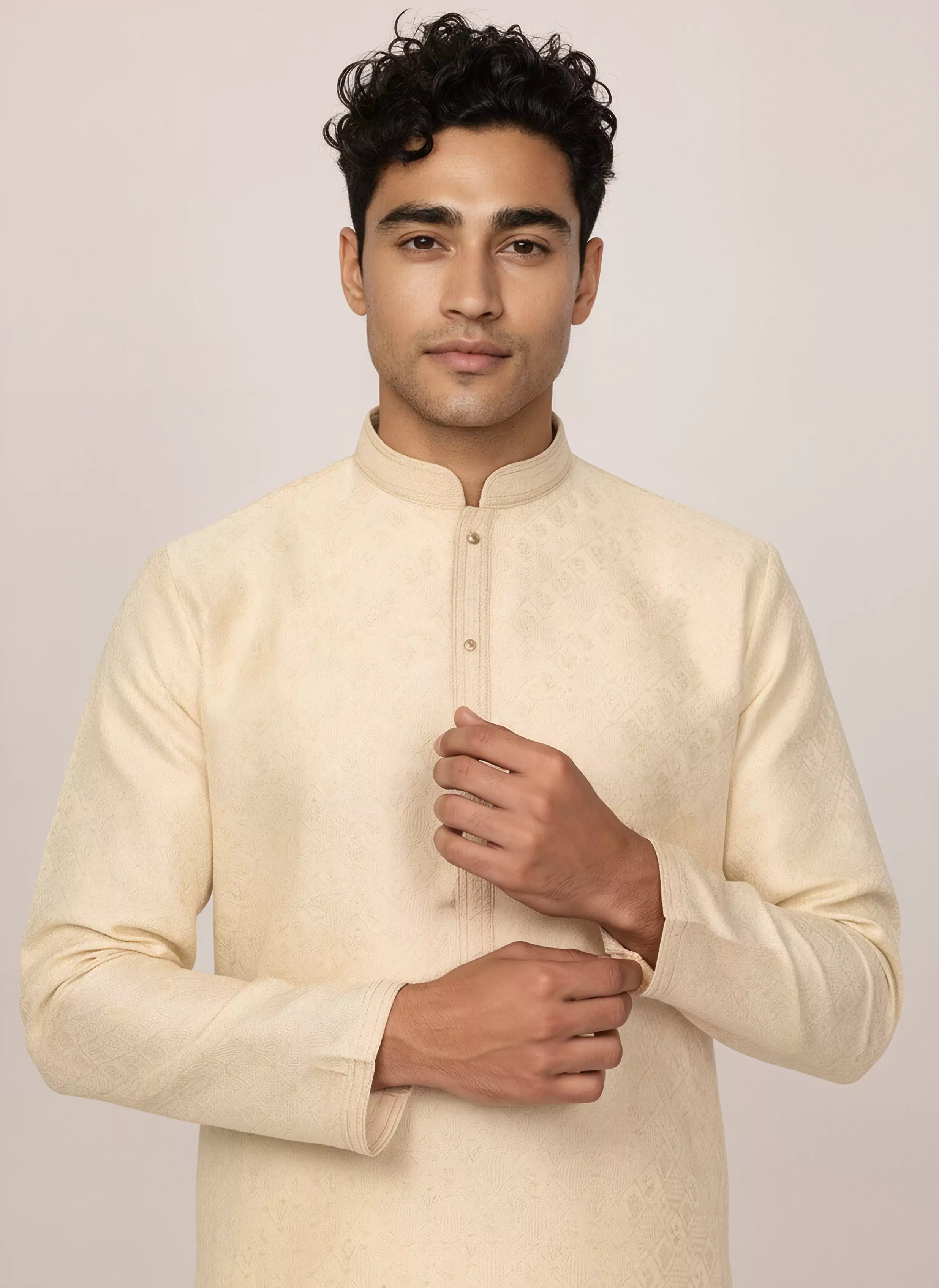 Image of Men's Self Floral Weaving Jacquard Kurta Set